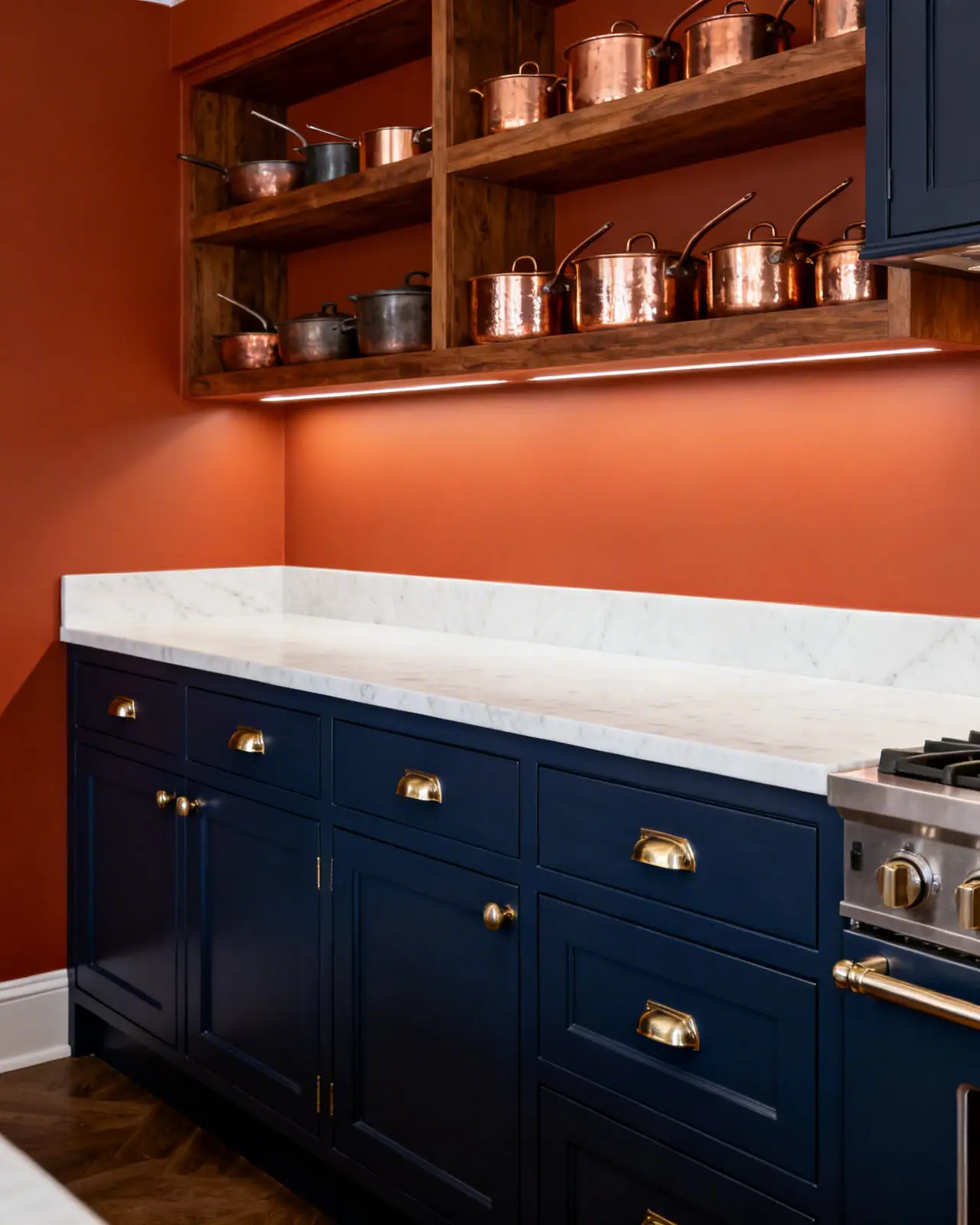 Transitional kitchen design with deep navy blue shaker cabinets paired with warm terracotta orange upper walls and brass hardware.