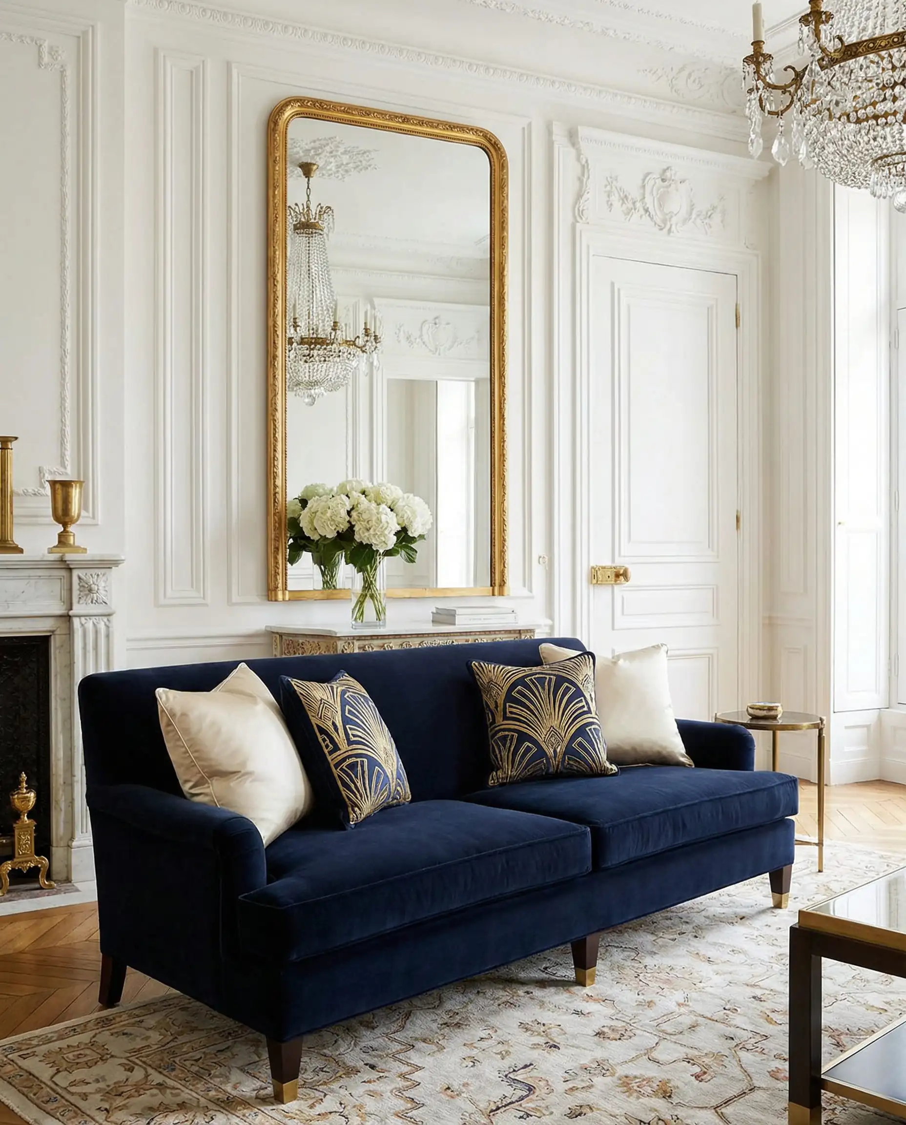 Glamorous navy blue sofa styled with cream silk and metallic gold embroidered pillows in an elegant living room.