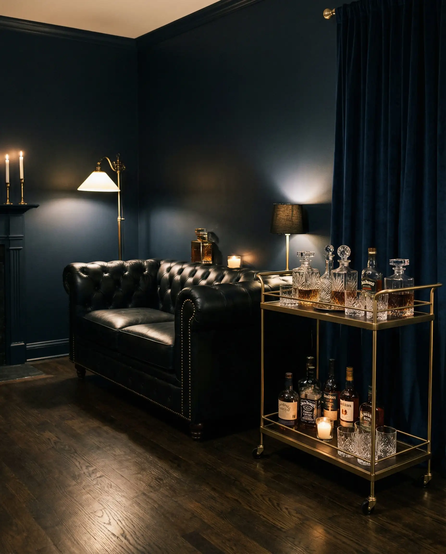 Moody gentleman's lounge with deep navy walls, black leather furniture, and gold bar cart.