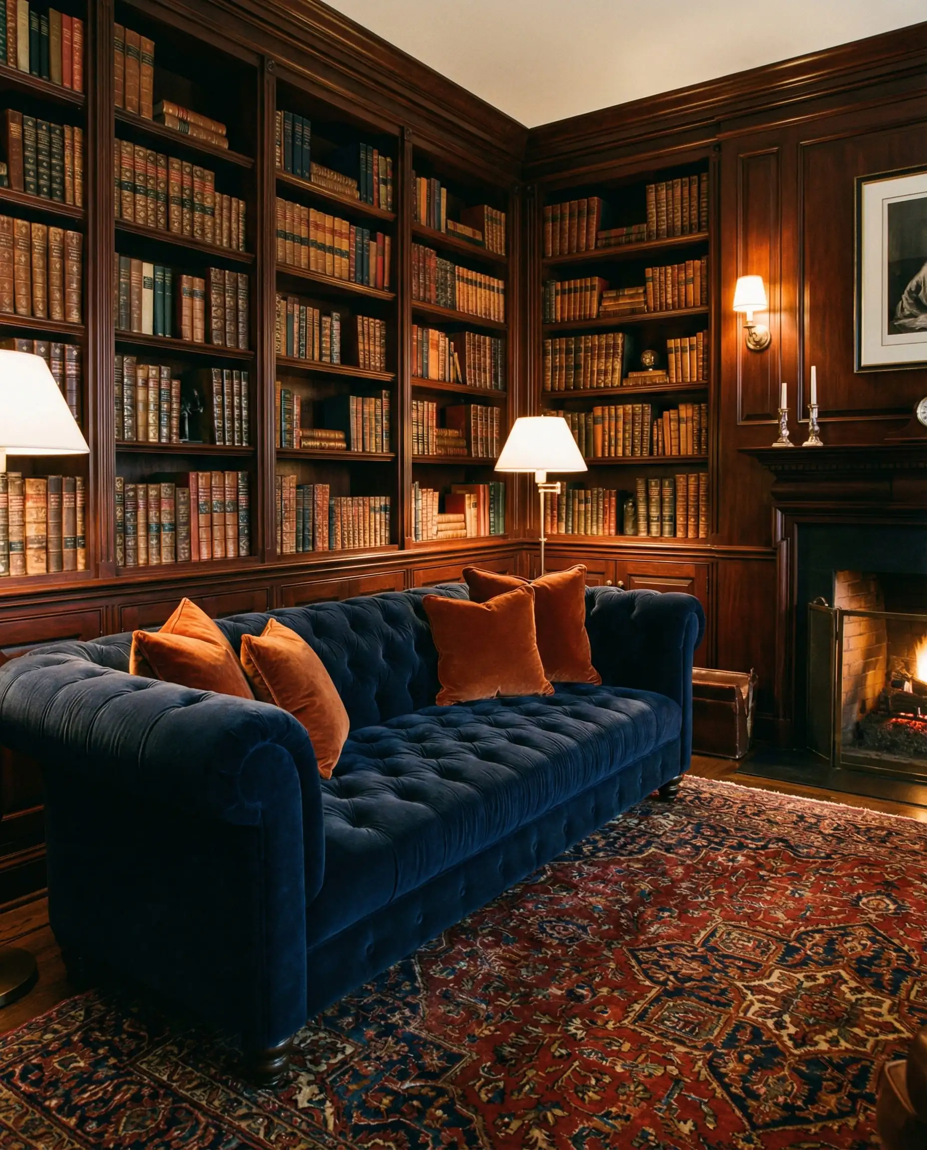 A classic navy blue Chesterfield sofa styled with deep rust and burnt orange velvet pillows in a library setting.