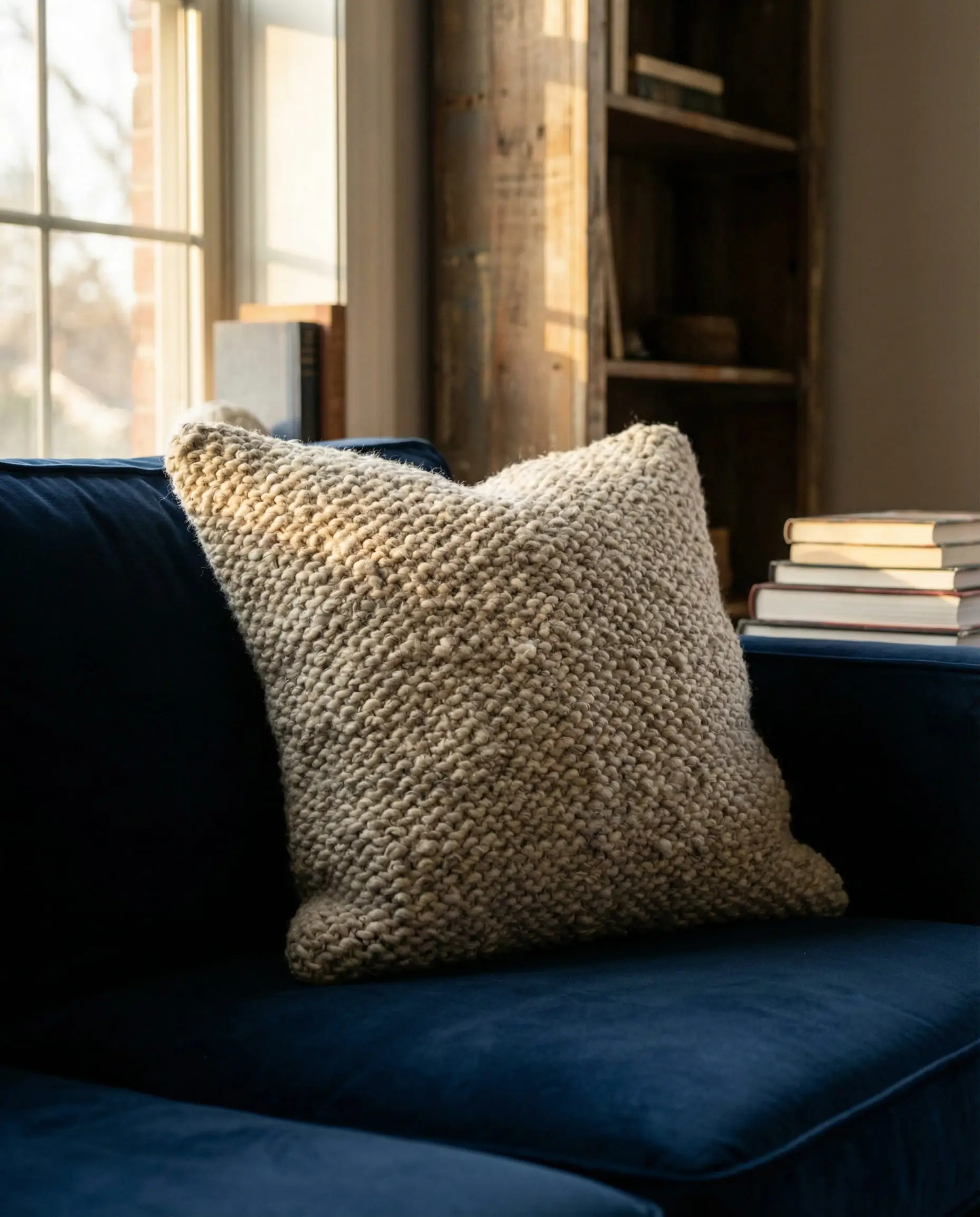 Warm oatmeal wool pillow resting on a navy blue couch.