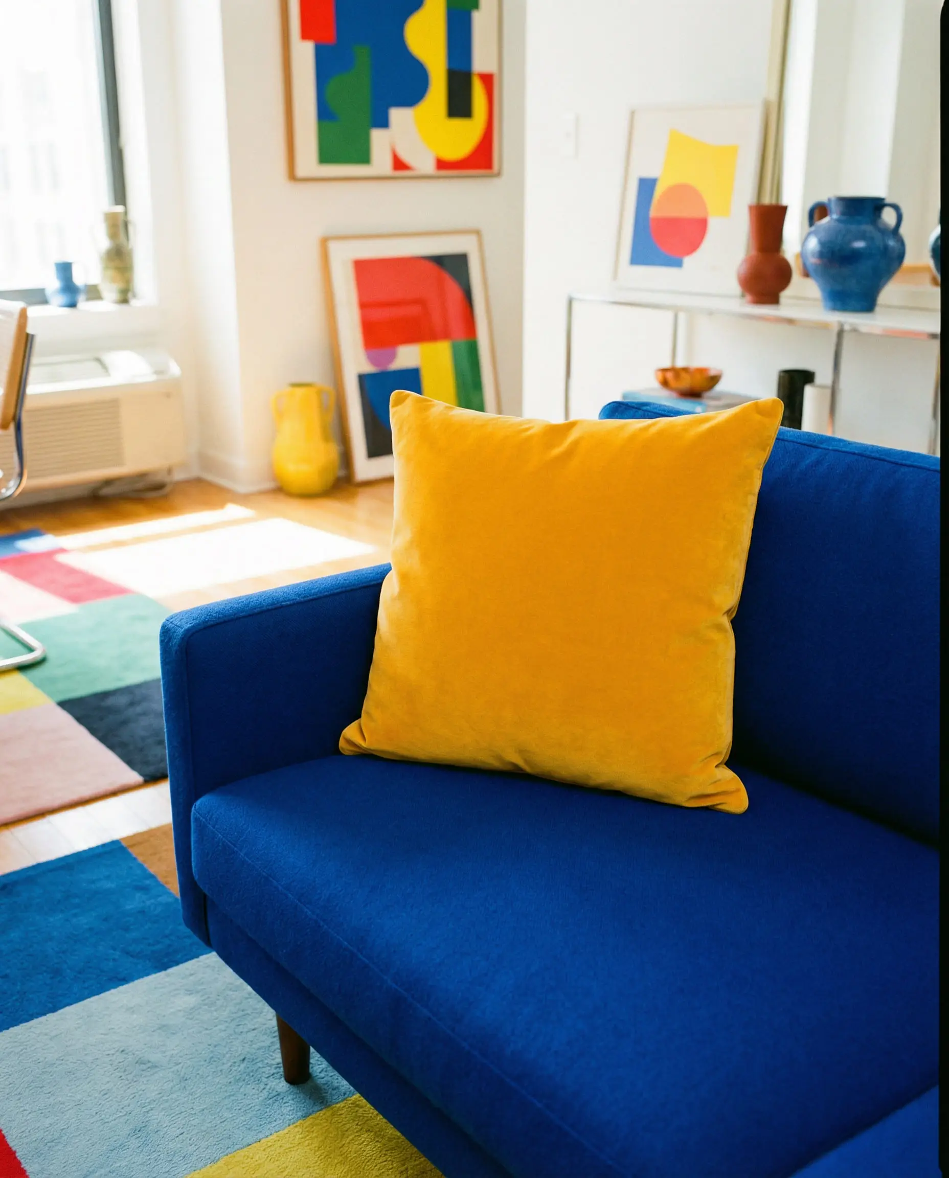 Vibrant ochre yellow pillow on a royal blue sofa.