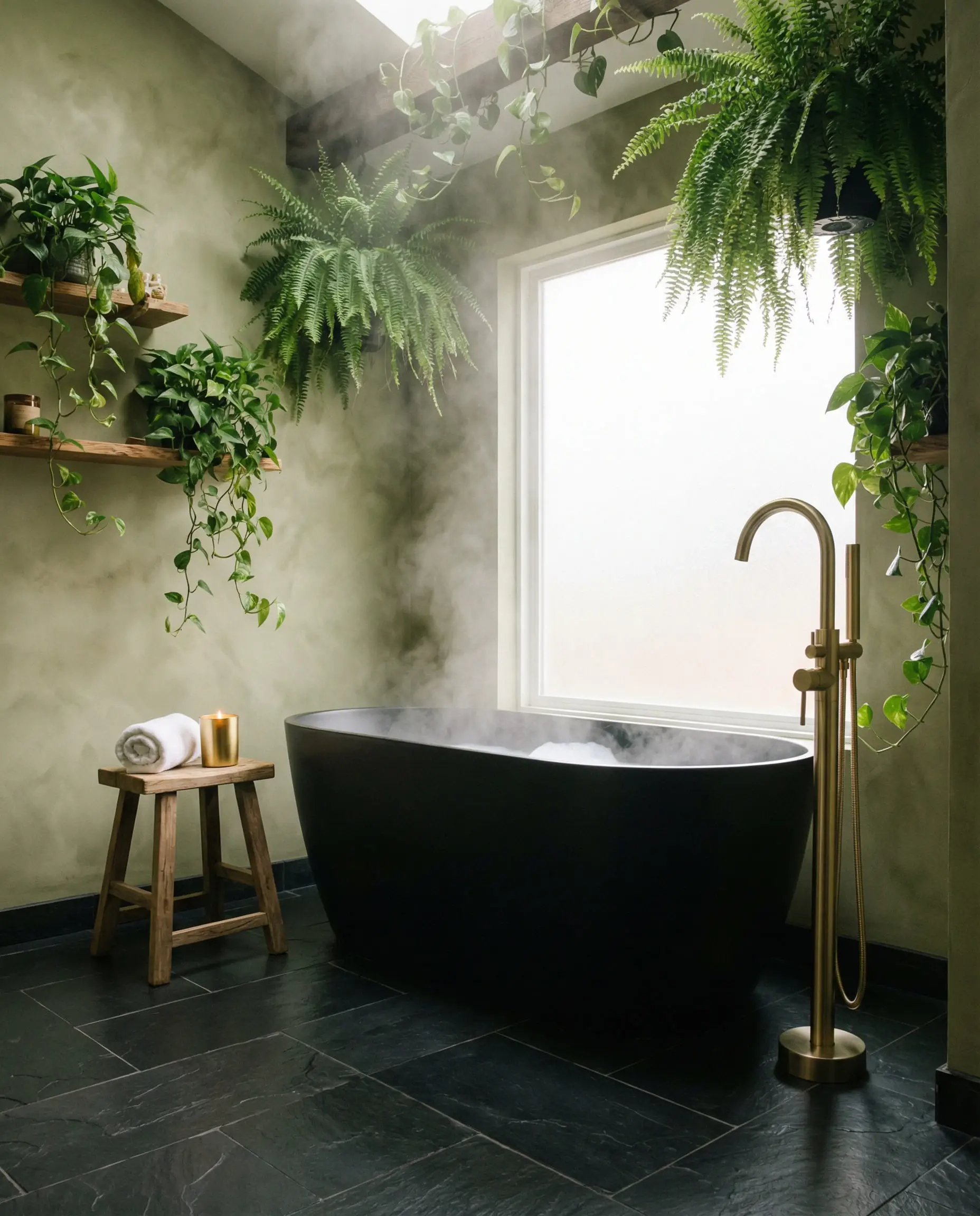 Spa-like bathroom with olive green limewash walls, black slate floors, and hanging plants.