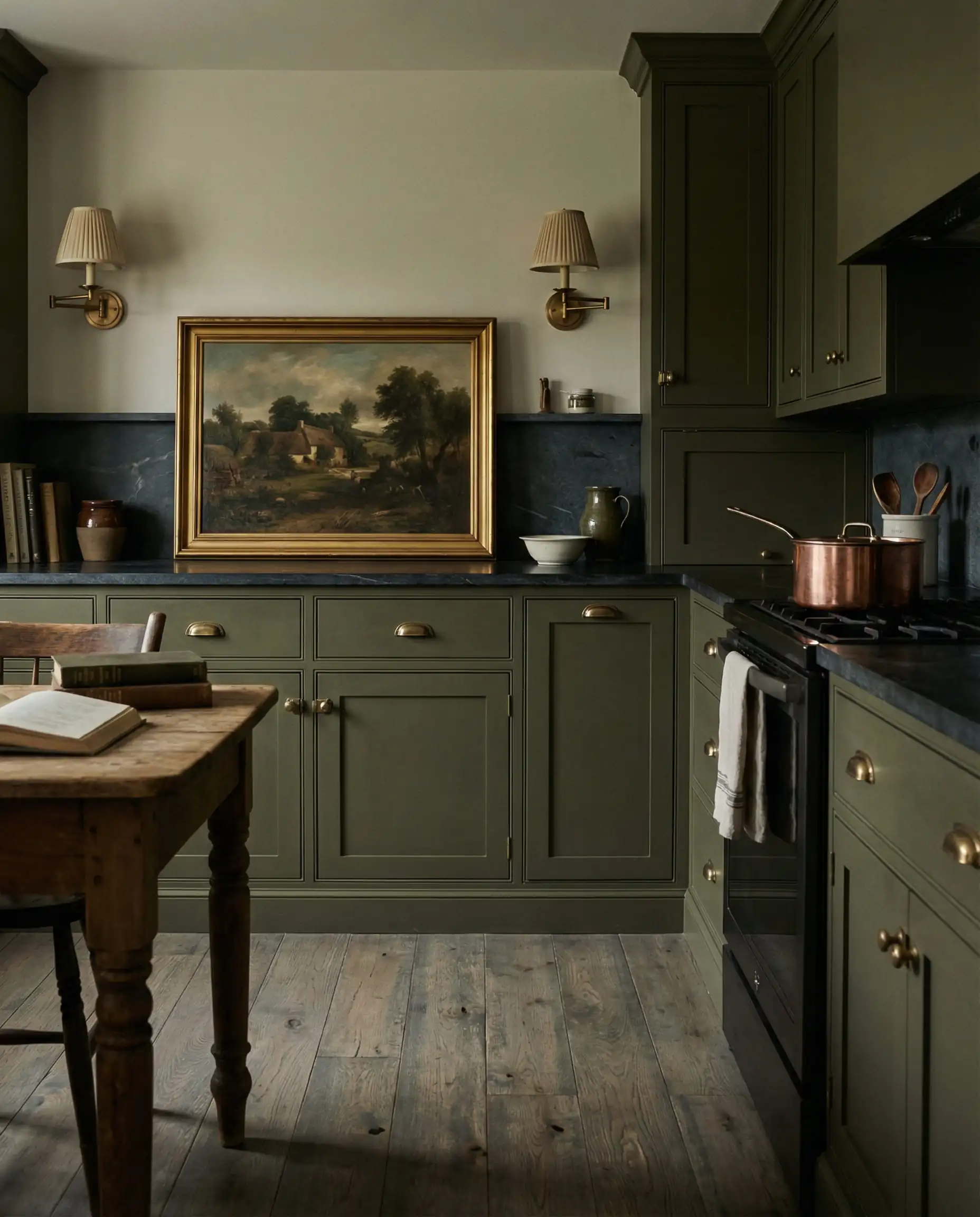 Moody English cottage kitchen with deep olive green cabinets and rustic weathered gray wood floors.