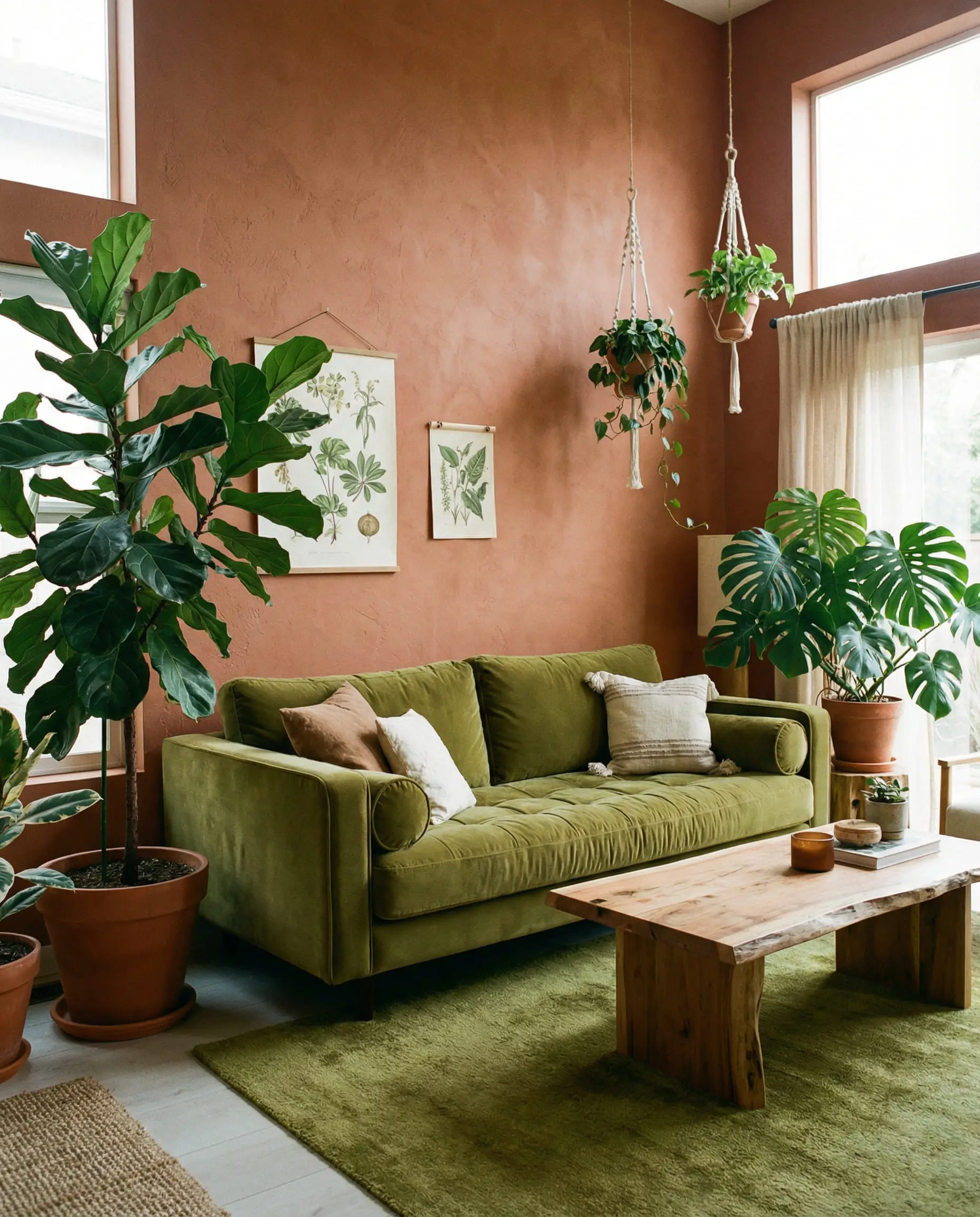 Biophilic living room design with an olive green velvet sofa, large fiddle leaf fig plants, and textured terracotta walls.