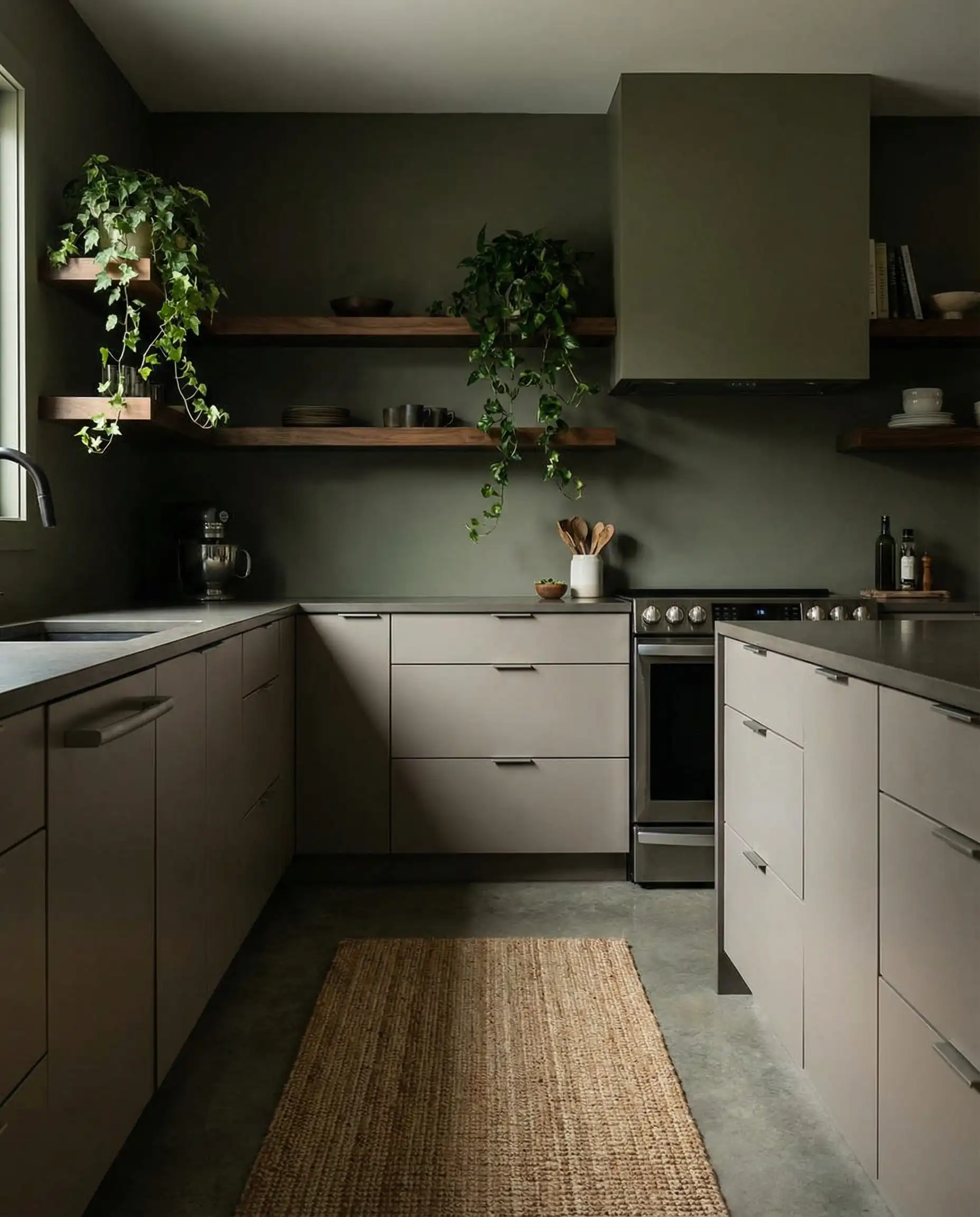 Modern organic kitchen with mid-gray cabinets, deep olive green walls, and trailing ivy plants on walnut shelves.