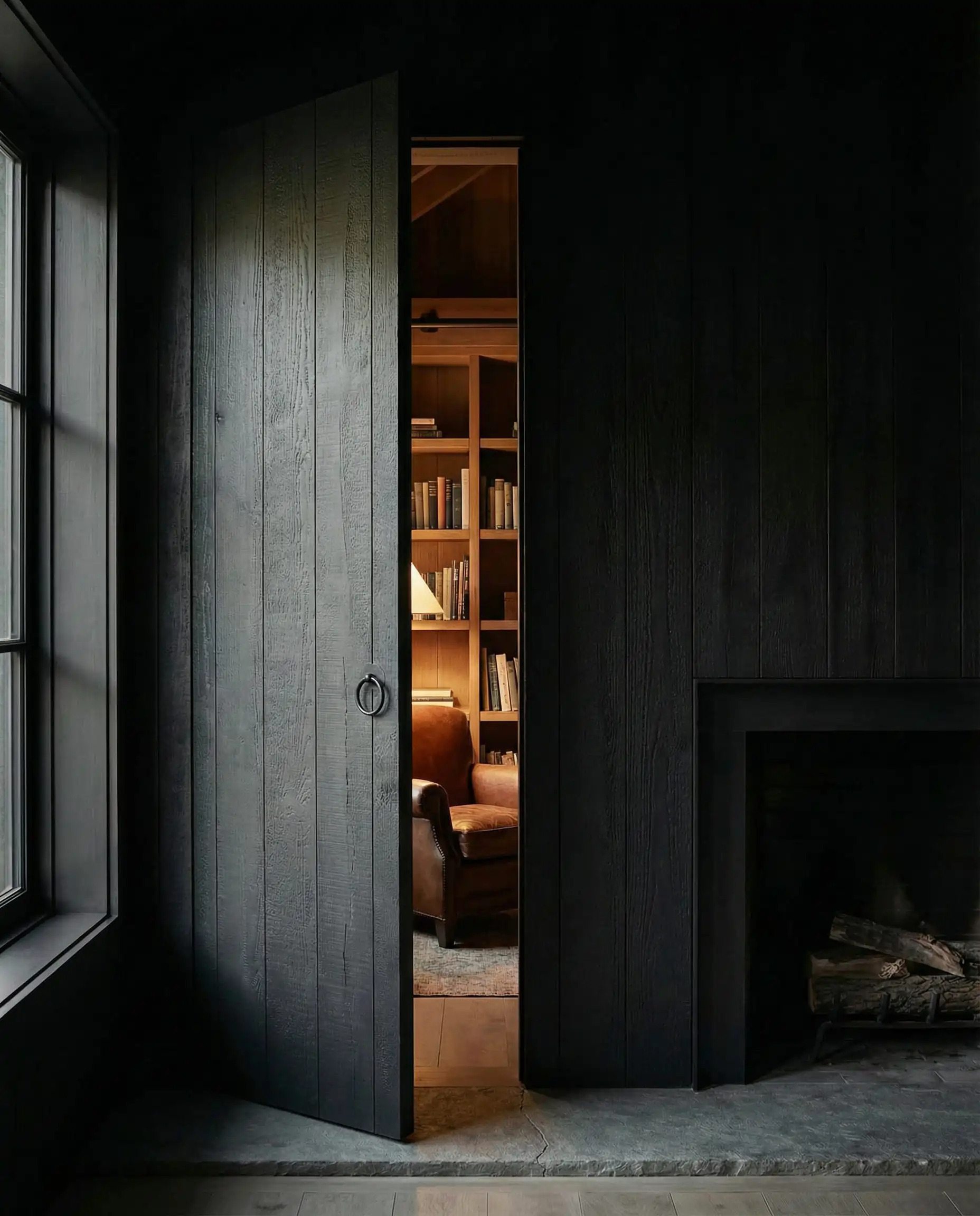 Black shiplap jib door pushed open to reveal a hallway behind the fireplace wall.
