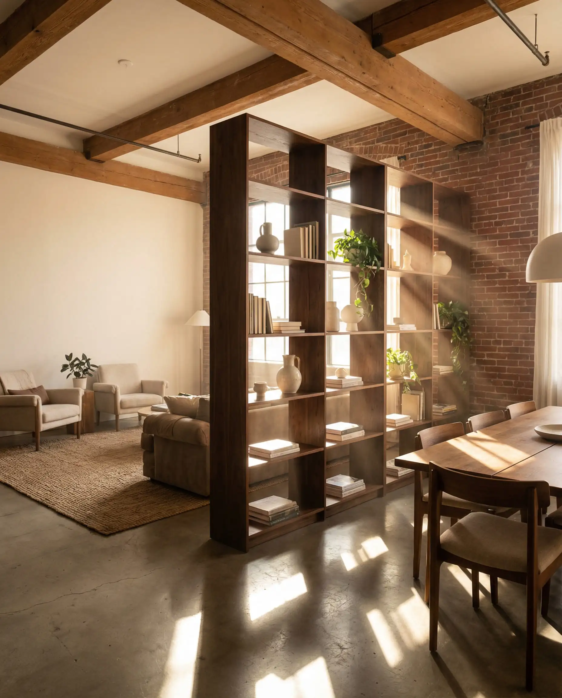 Open bookshelf acting as a room divider between living and dining areas in an open plan space.
