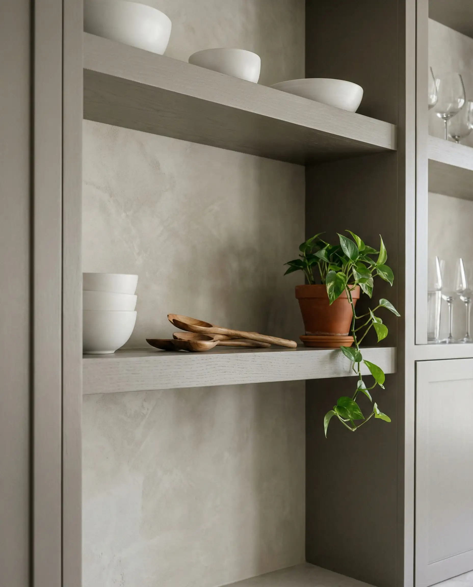 Detail of gray wooden open shelves set against a textured greige plaster wall with white ceramic styling.