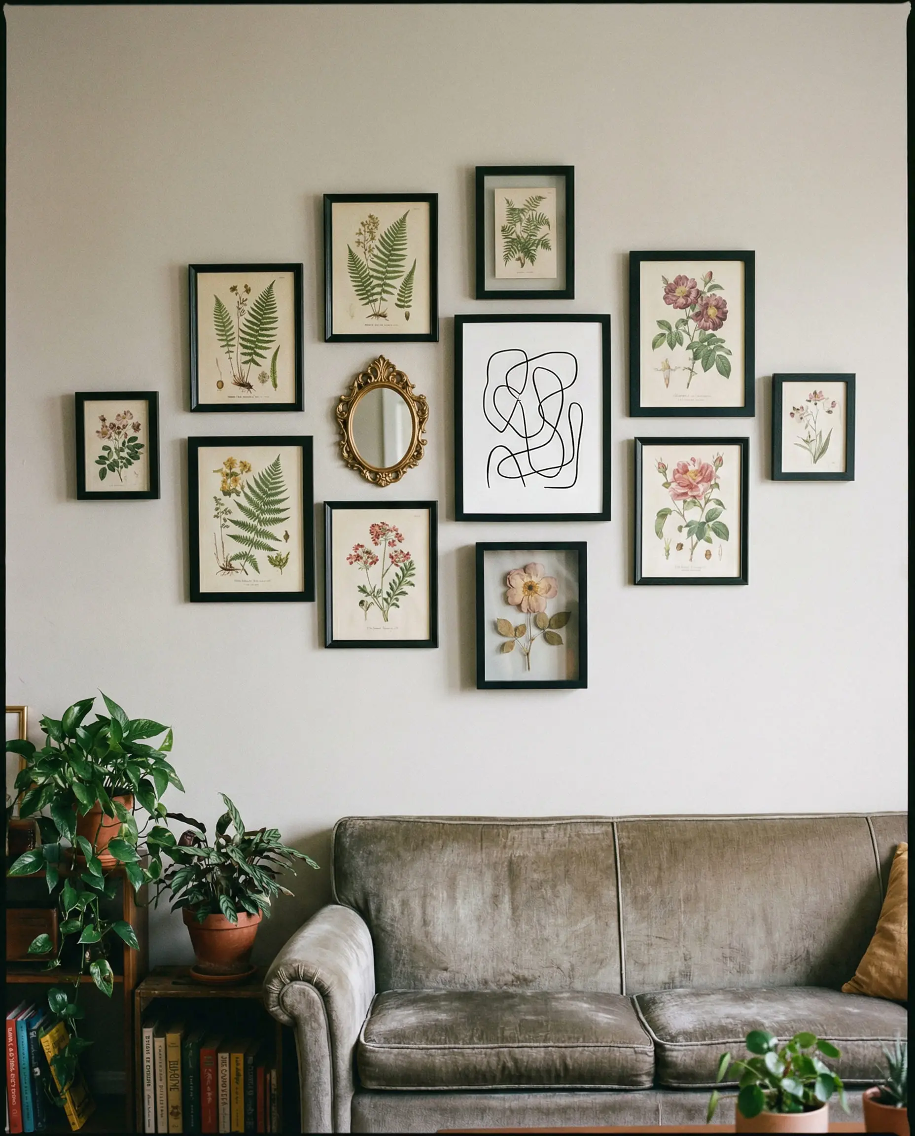 Curated gallery wall with vintage botanical prints arranged in an organic, non-grid layout.