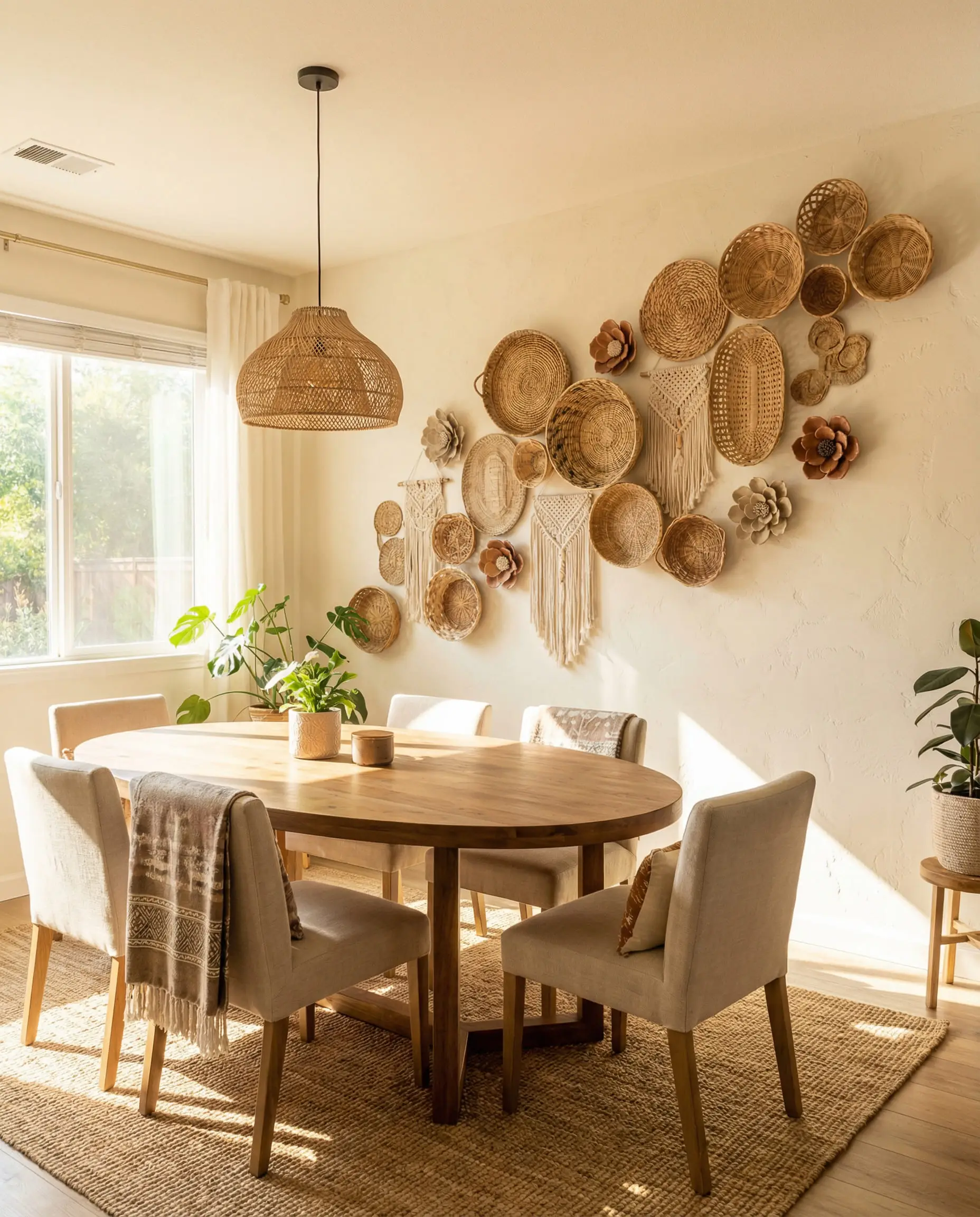 Boho-luxe dining room with an oval table and a fluid cluster of woven basket art on the wall.