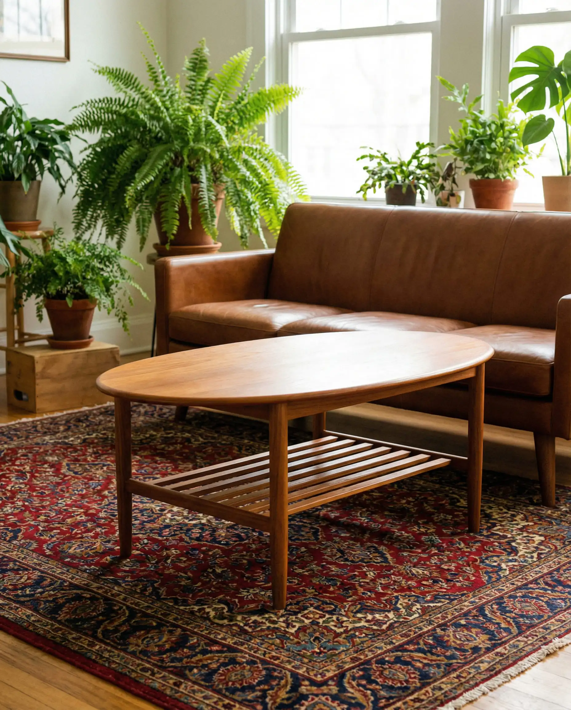 Oval teak coffee table with an open slatted shelf underneath, styled with a mid-century modern brown leather sofa and plants.