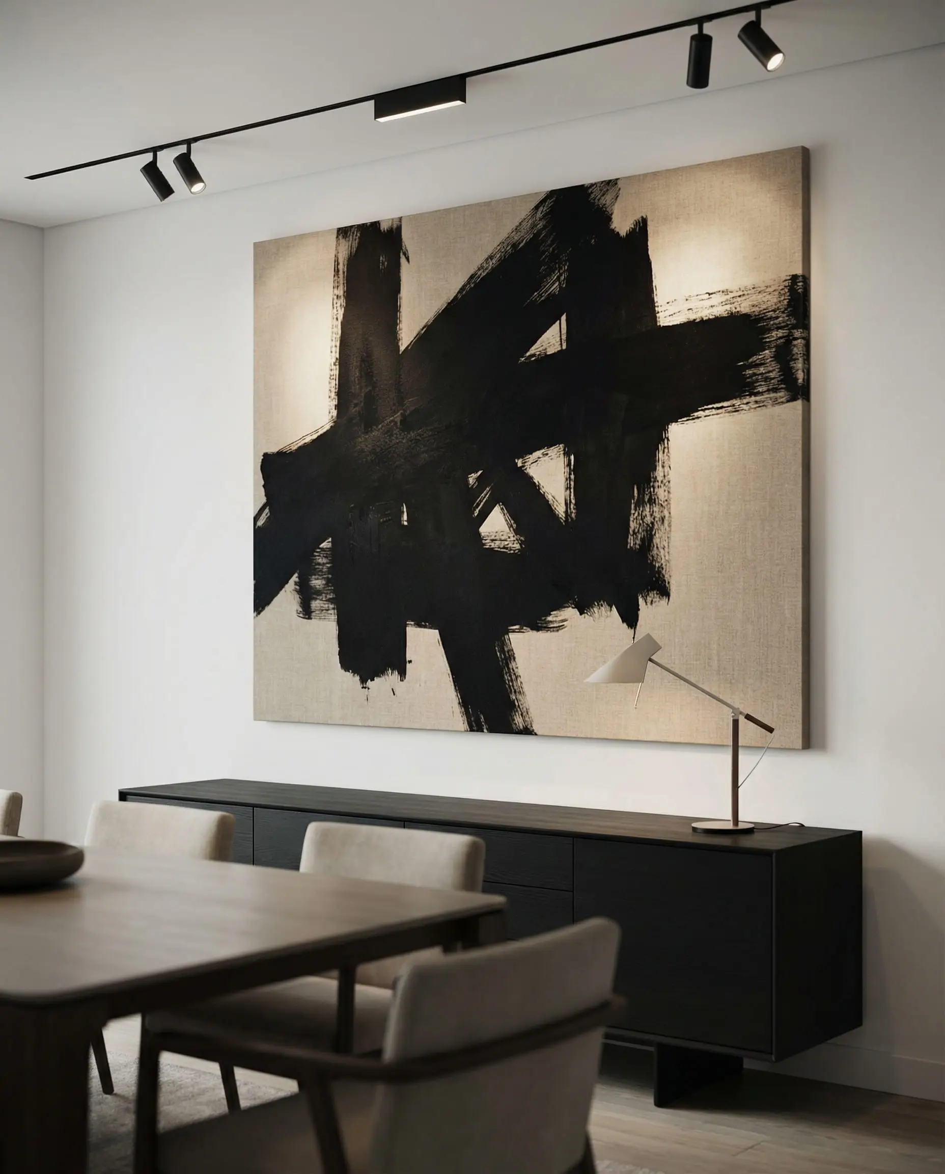 Modern dining room anchored by one massive 6-foot wide abstract canvas painting in black and beige.