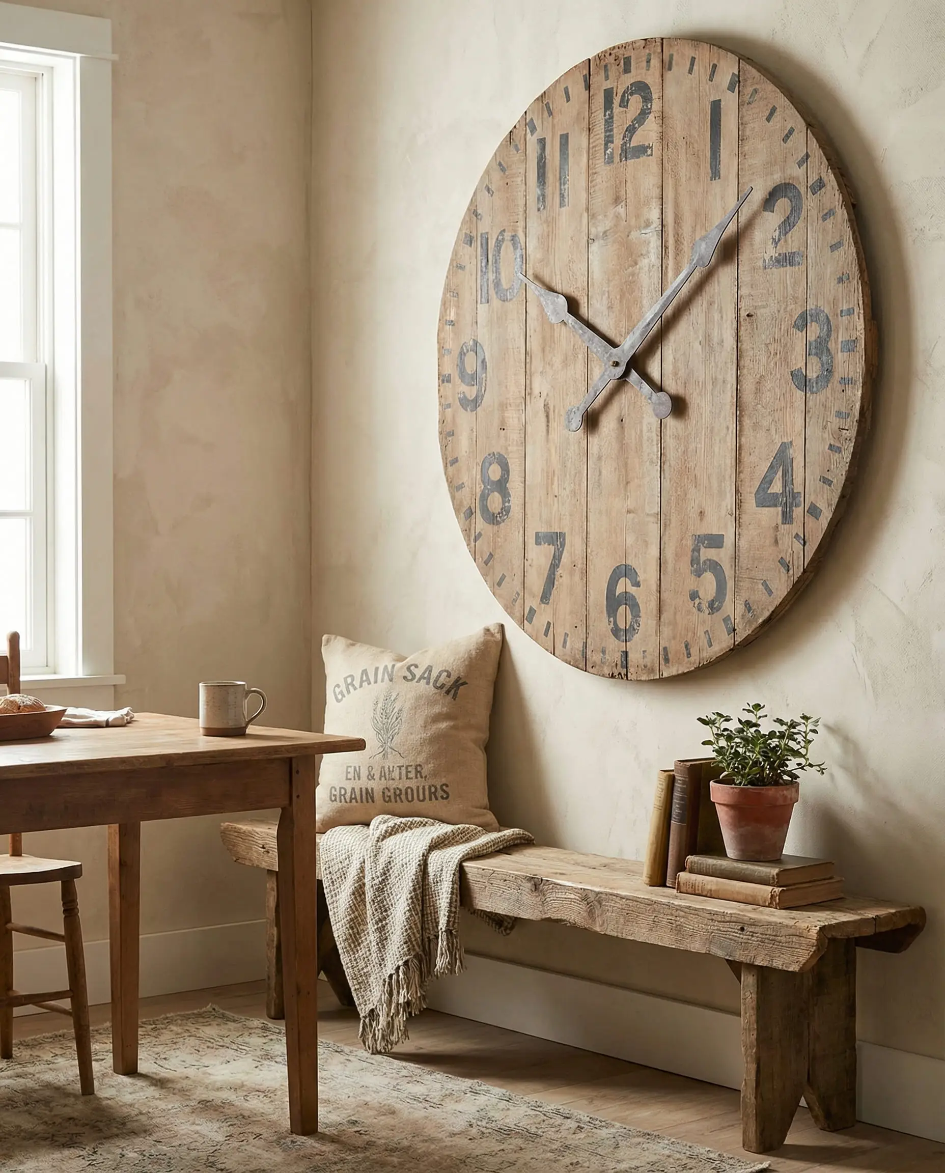 Rustic farmhouse dining corner featuring a massive antique wood clock face without glass.