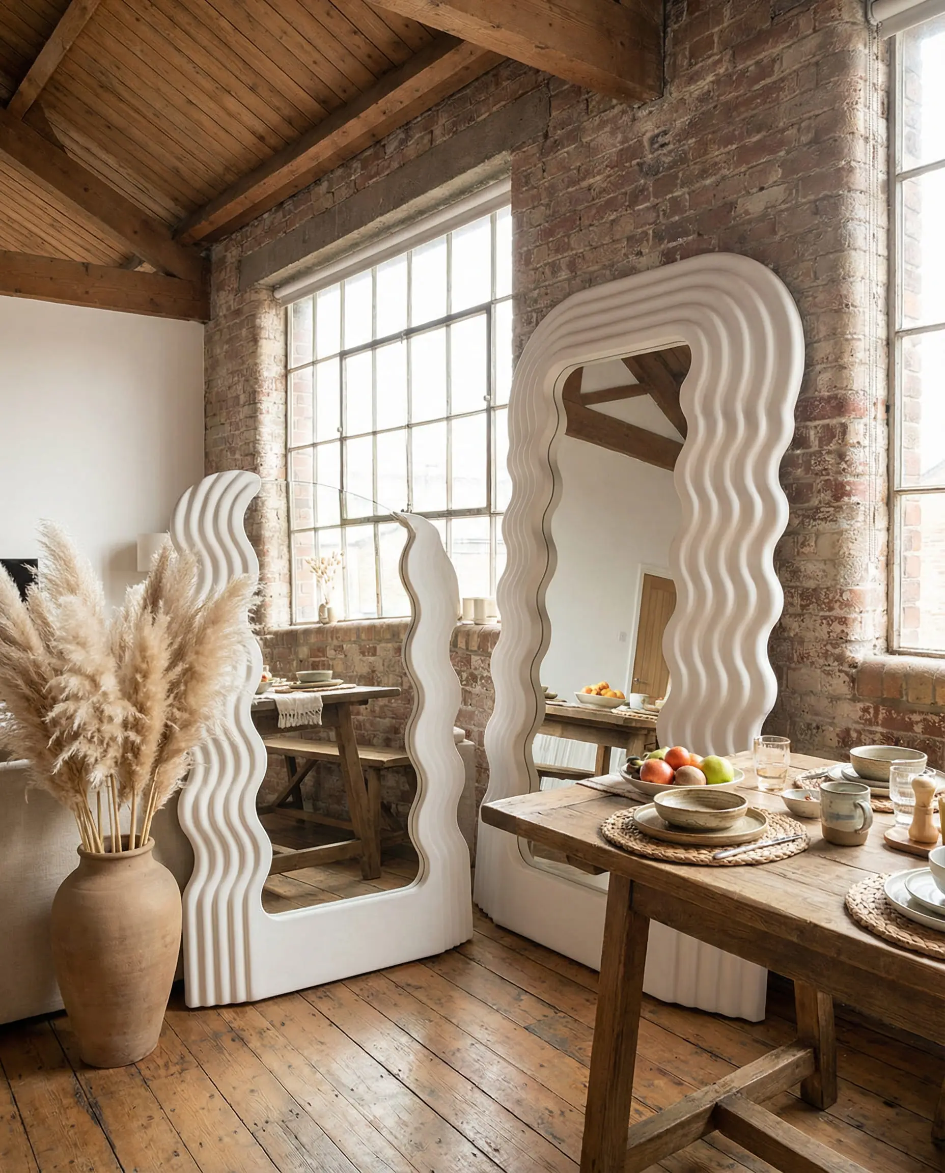 Loft dining area with a massive white wavy-edged floor mirror leaning against the wall, reflecting the table.