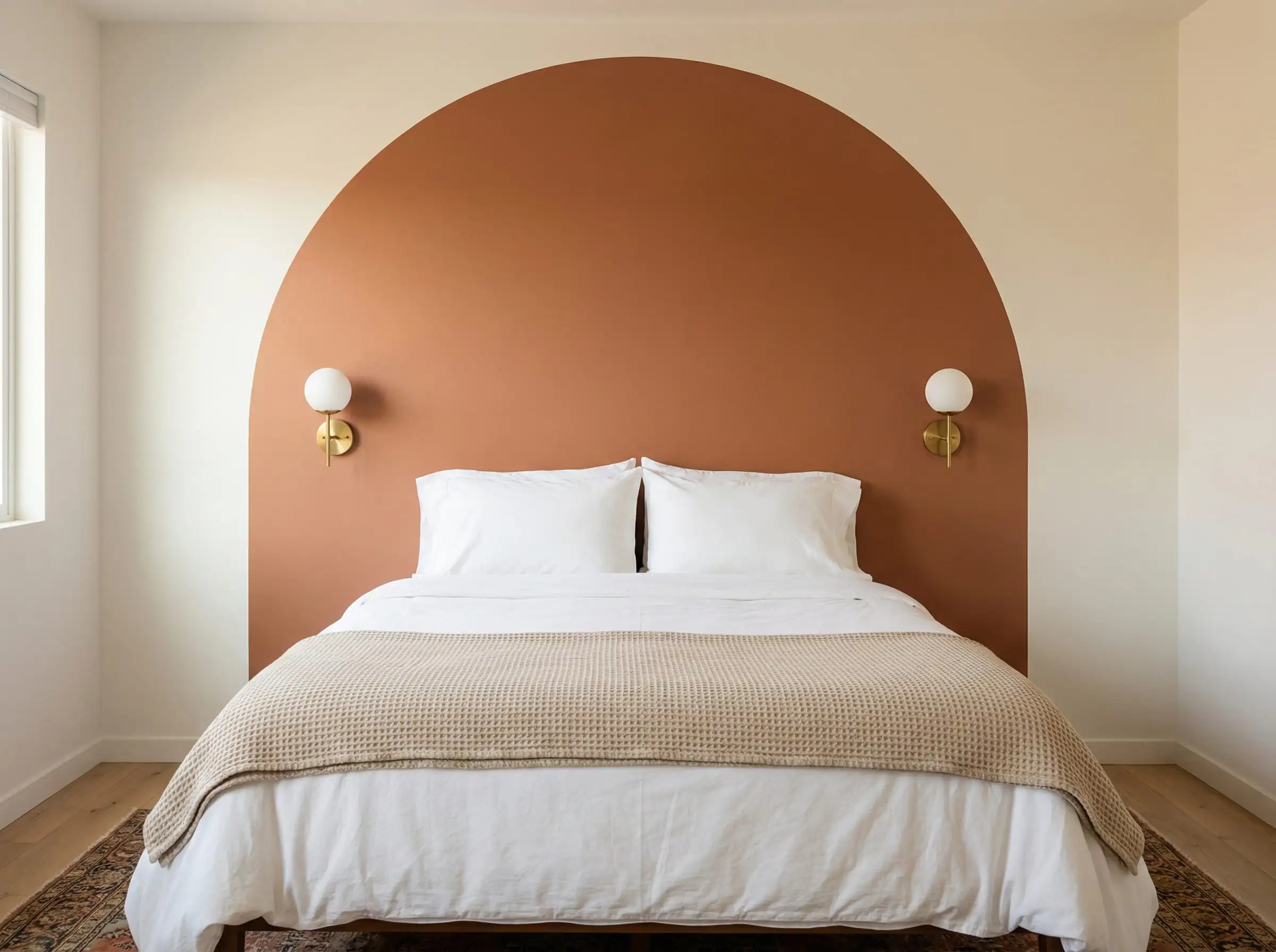 Terracotta painted arch on a white wall acting as a headboard for a queen bed.