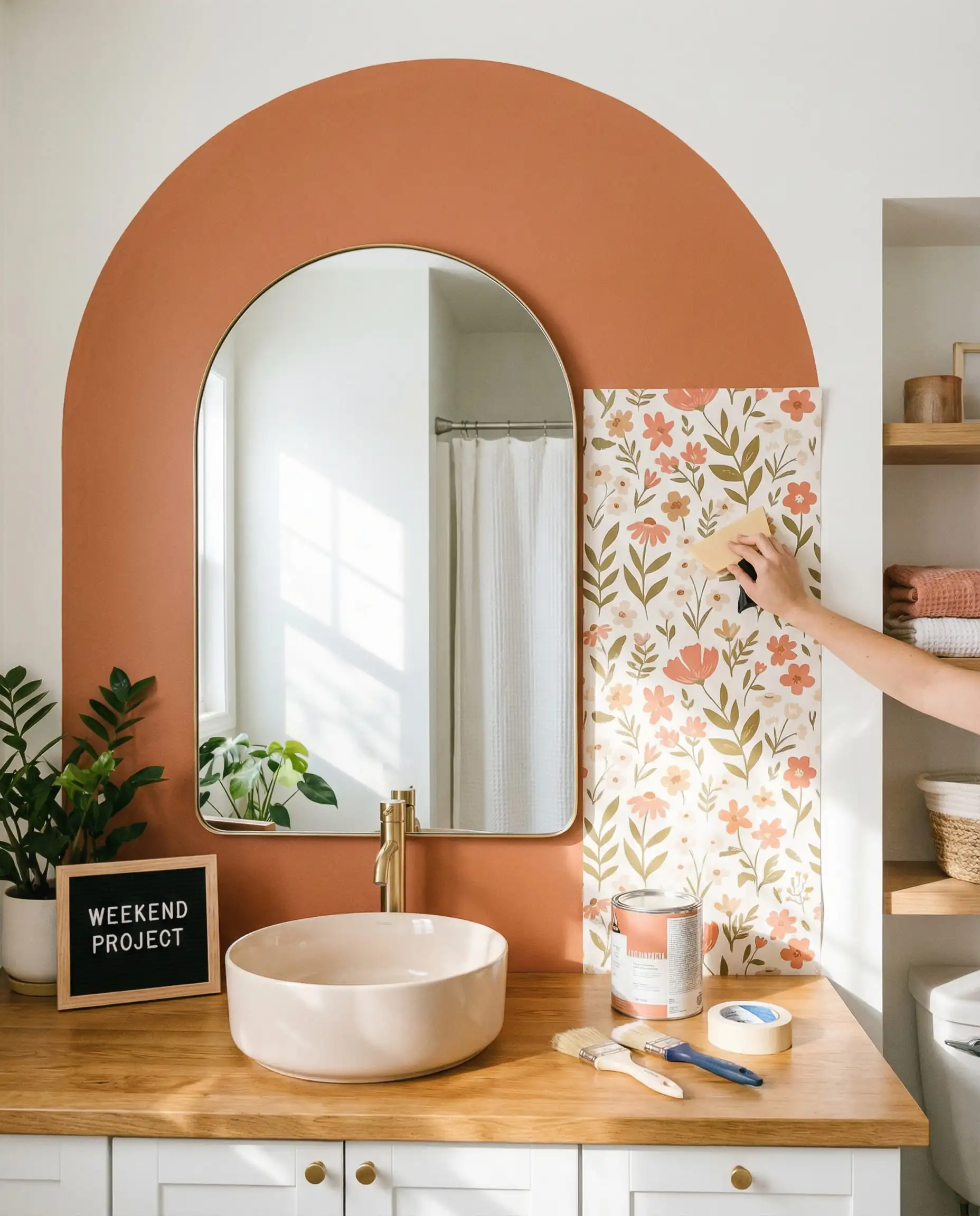 DIY bathroom project showing a painted terracotta orange arch behind a vanity mirror.
