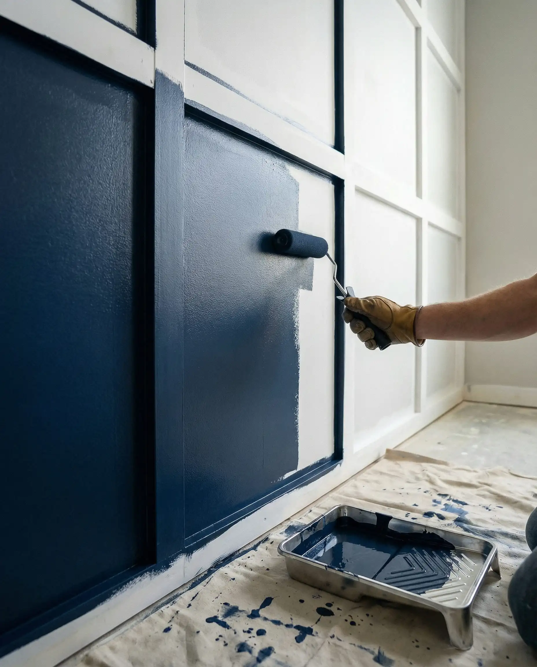 Rolling dark navy blue paint onto the wall between the white primed battens.