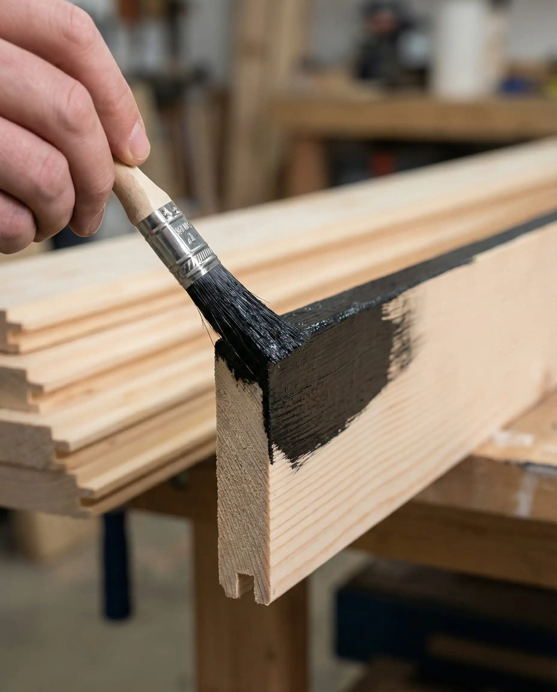 Painting the raw wood tongue of a shiplap board black before installation.