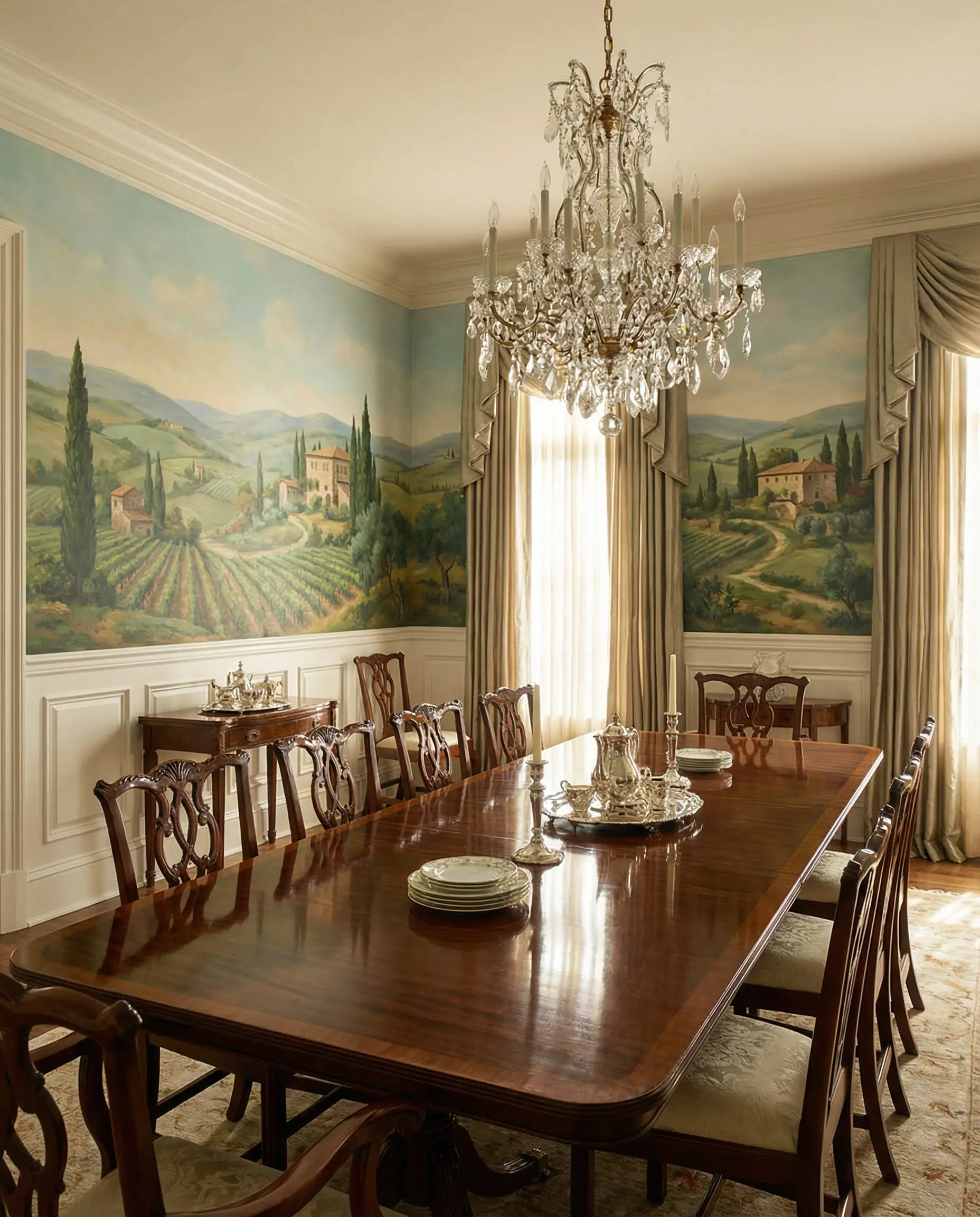 Formal dining room with wainscoting and a panoramic scenic mural of a rolling Italian Tuscan countryside.