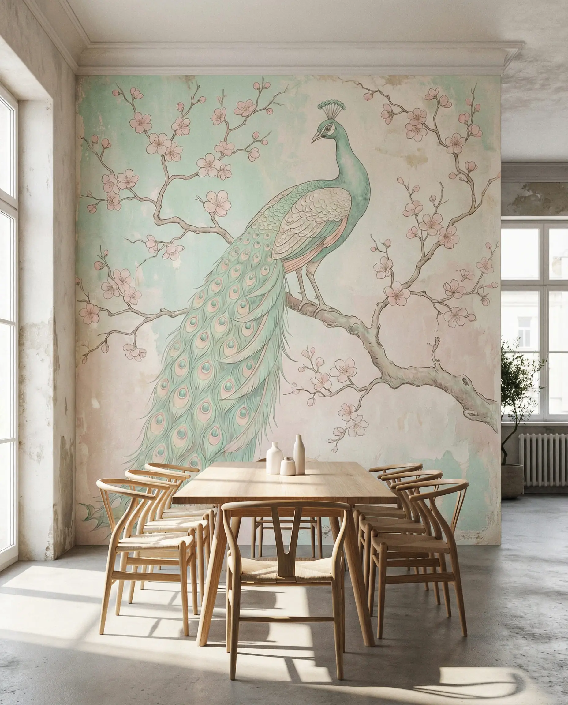 Dining room feature wall with a large-scale hand-painted pastel mural of a peacock on a branch.