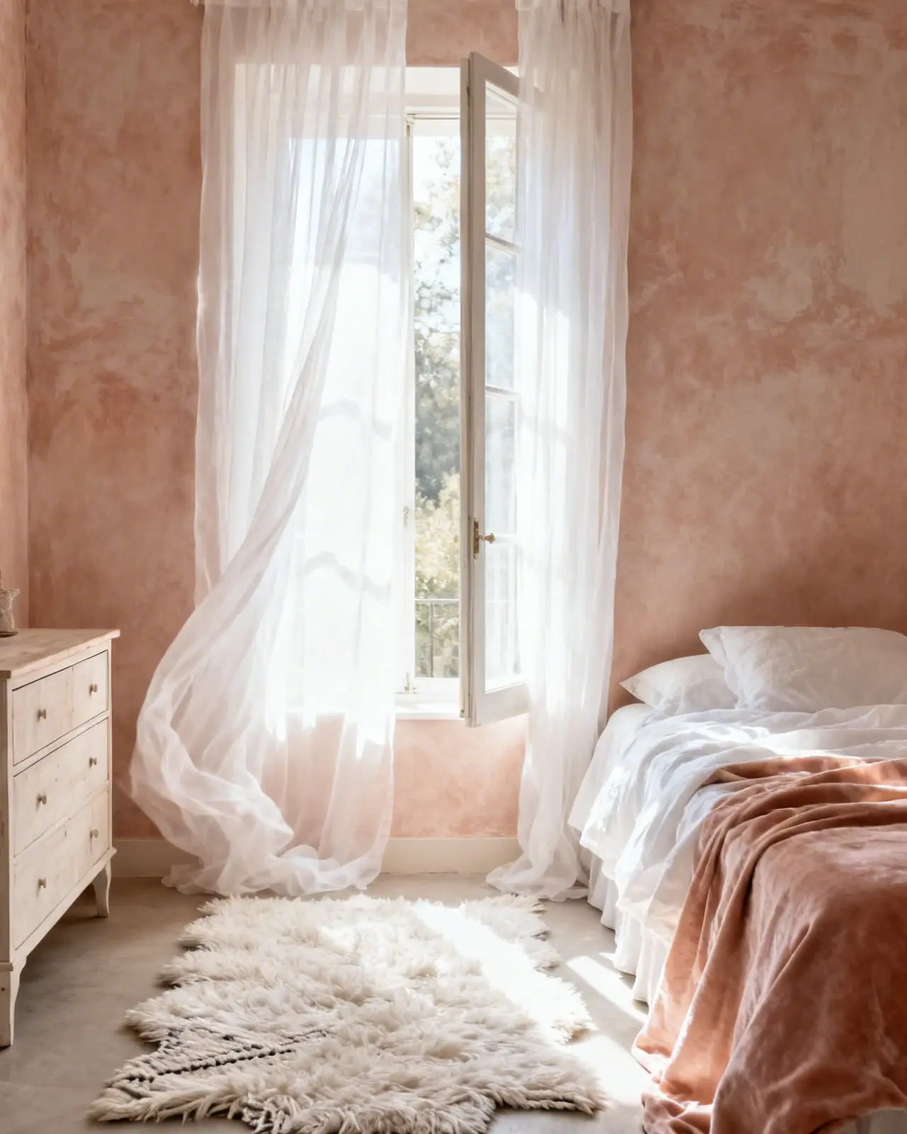 Soft romantic bedroom with peach plaster walls, white sheer curtains blowing in the breeze, and light oak furniture.