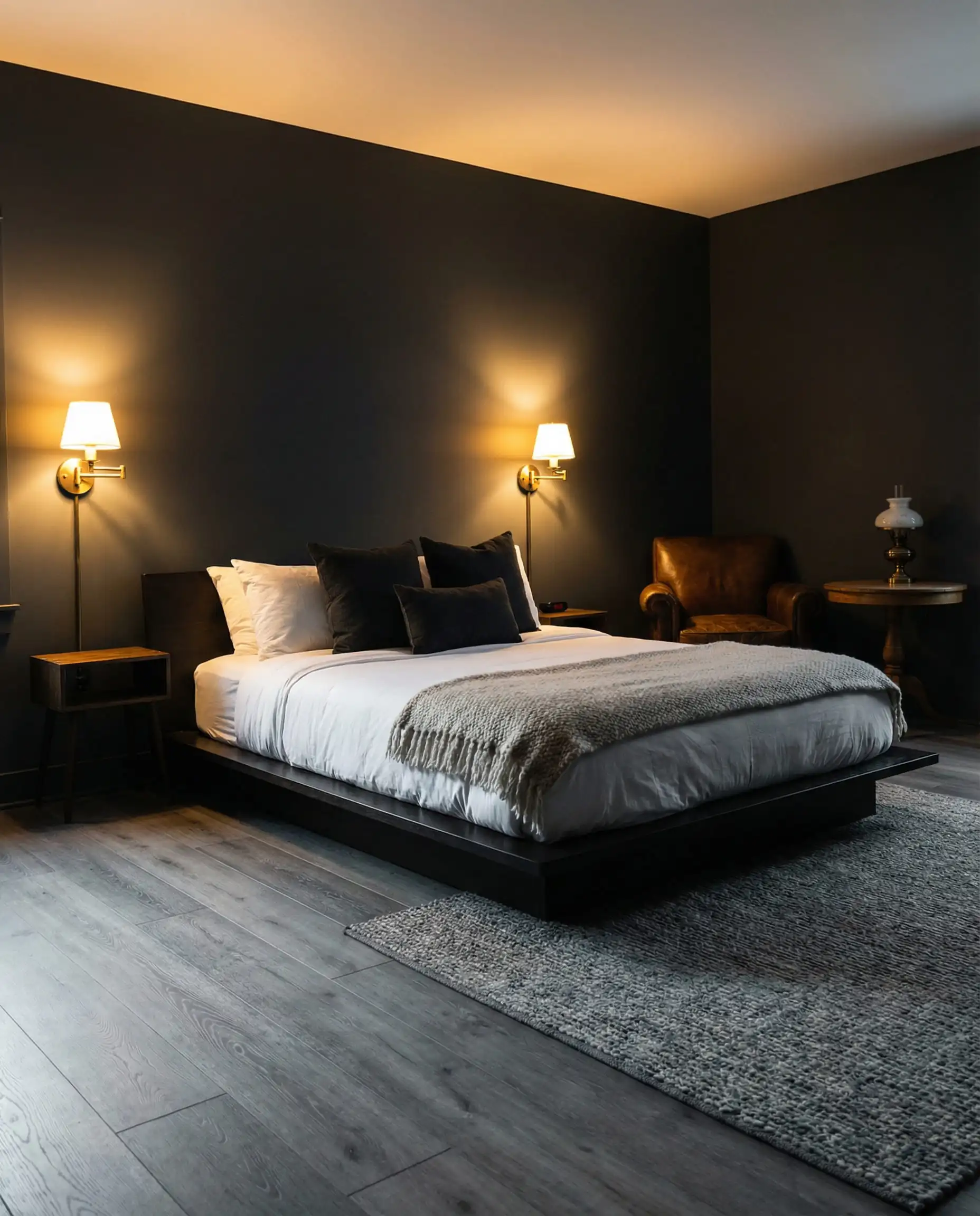 Dramatic bedroom with dark charcoal Peppercorn walls, light gray wood floors, and brass wall sconces.