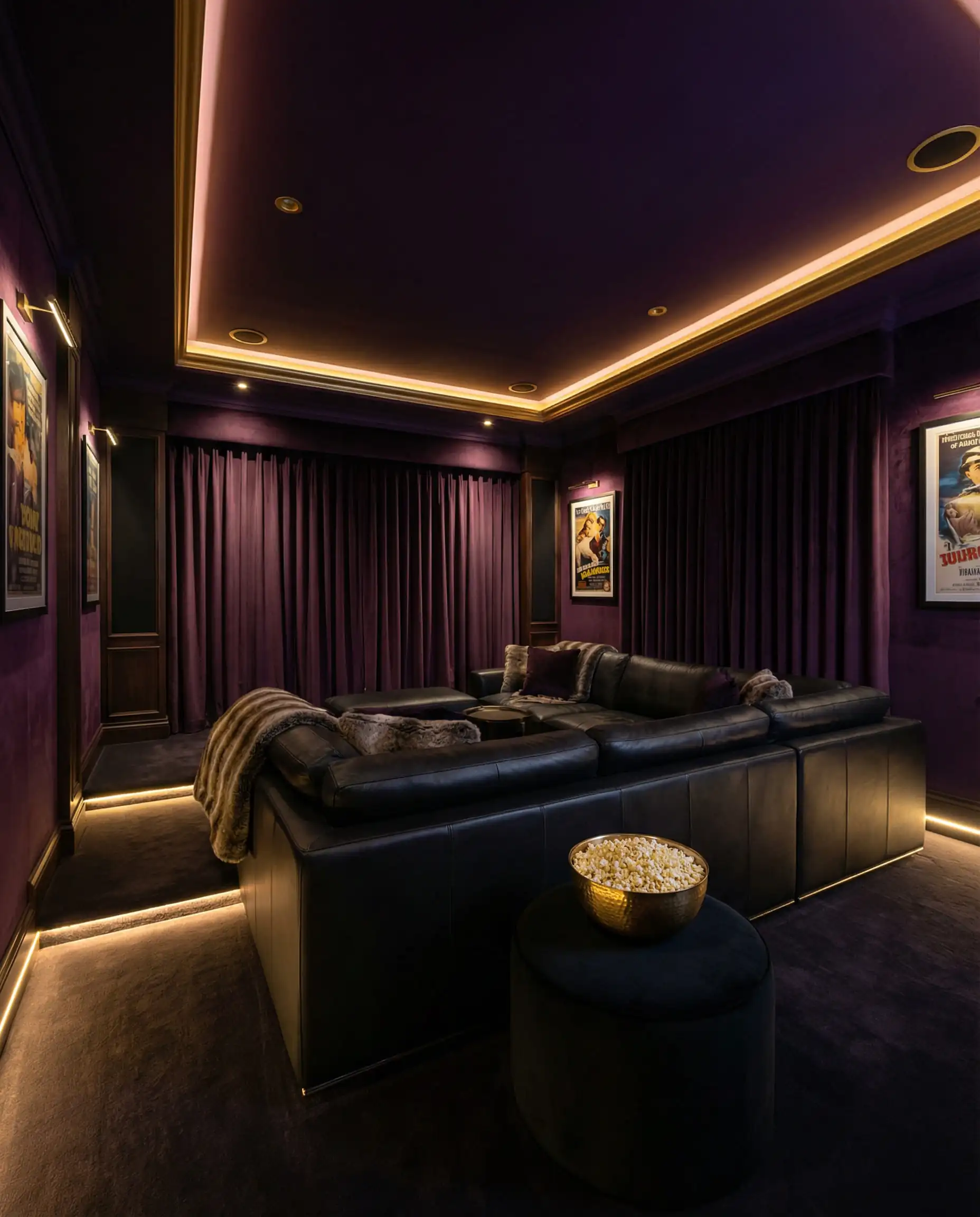 Cozy home theater painted in deep plum purple with a black sectional sofa and gold lighting.