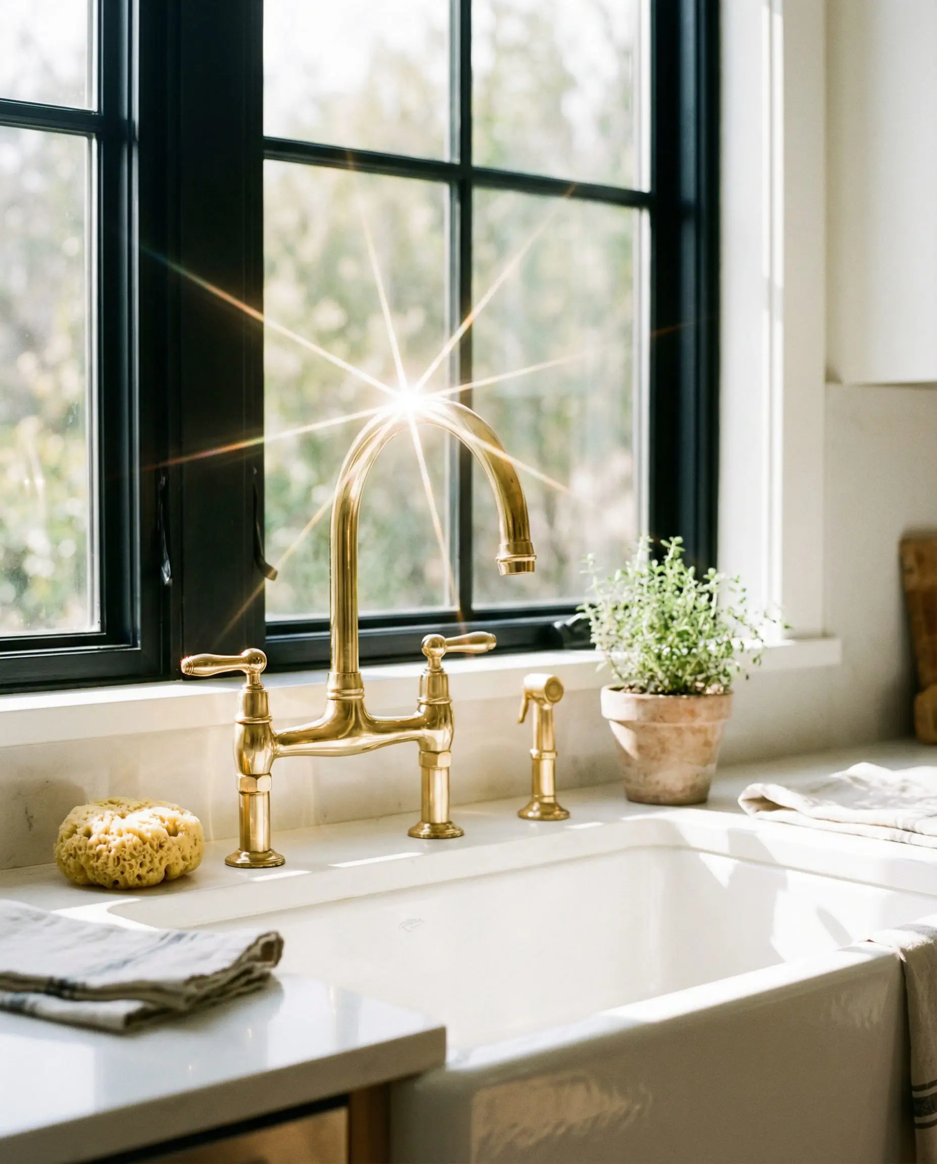 Shiny polished unlacquered brass bridge faucet mounted on a white farmhouse sink in front of a black window.