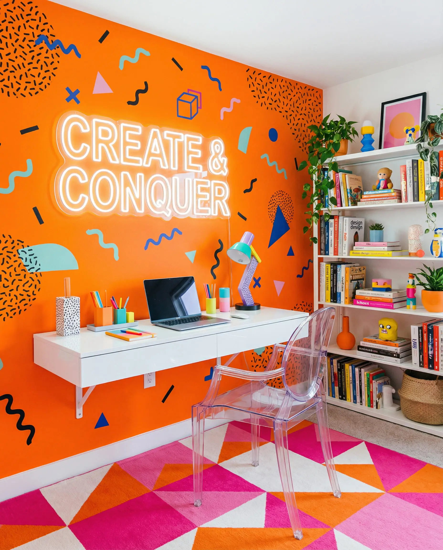 Creative home office workspace with a pop-art bright orange wall, a sleek white desk, and a colorful geometric rug.