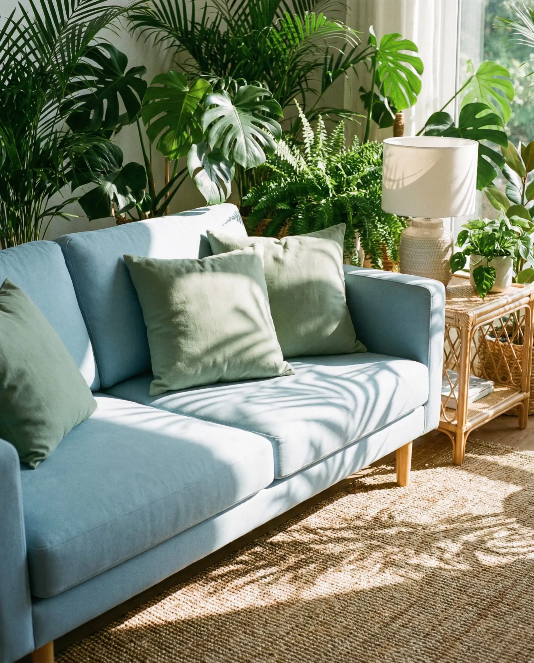 A nature-inspired living corner featuring a powder blue sofa styled with soft sage green cotton pillows and plants.