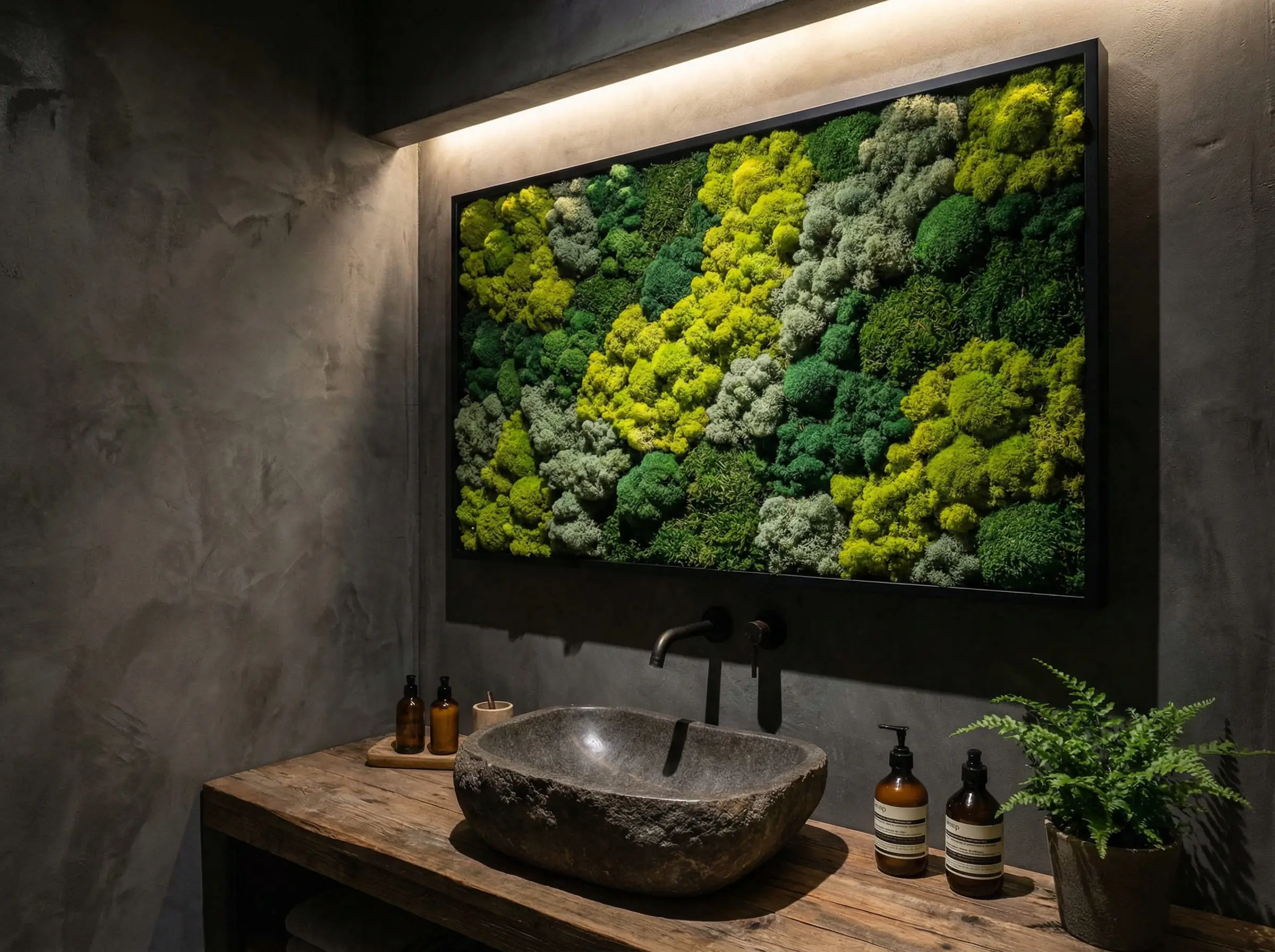 Framed preserved reindeer moss installation on a powder room wall.