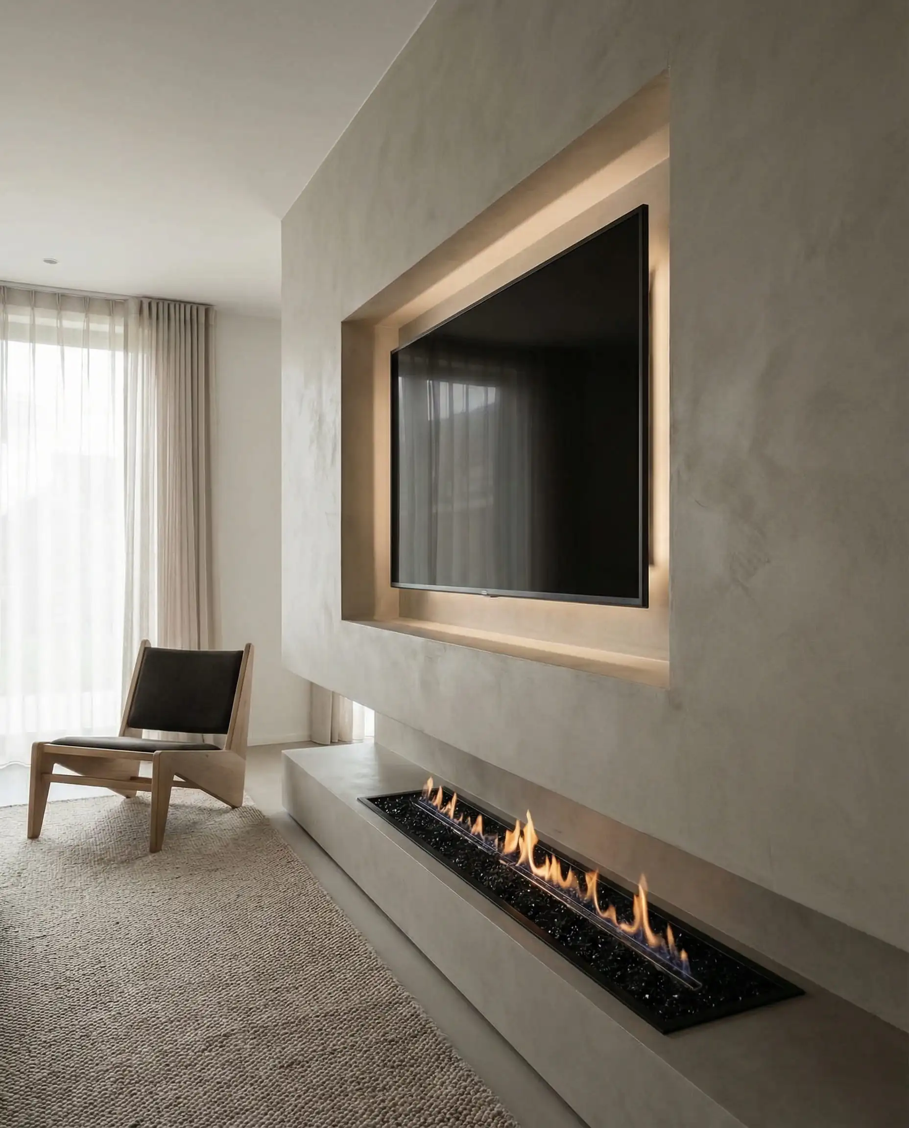 Modern linear fireplace with a recessed wall niche for the TV to sit flush and protected from rising heat.
