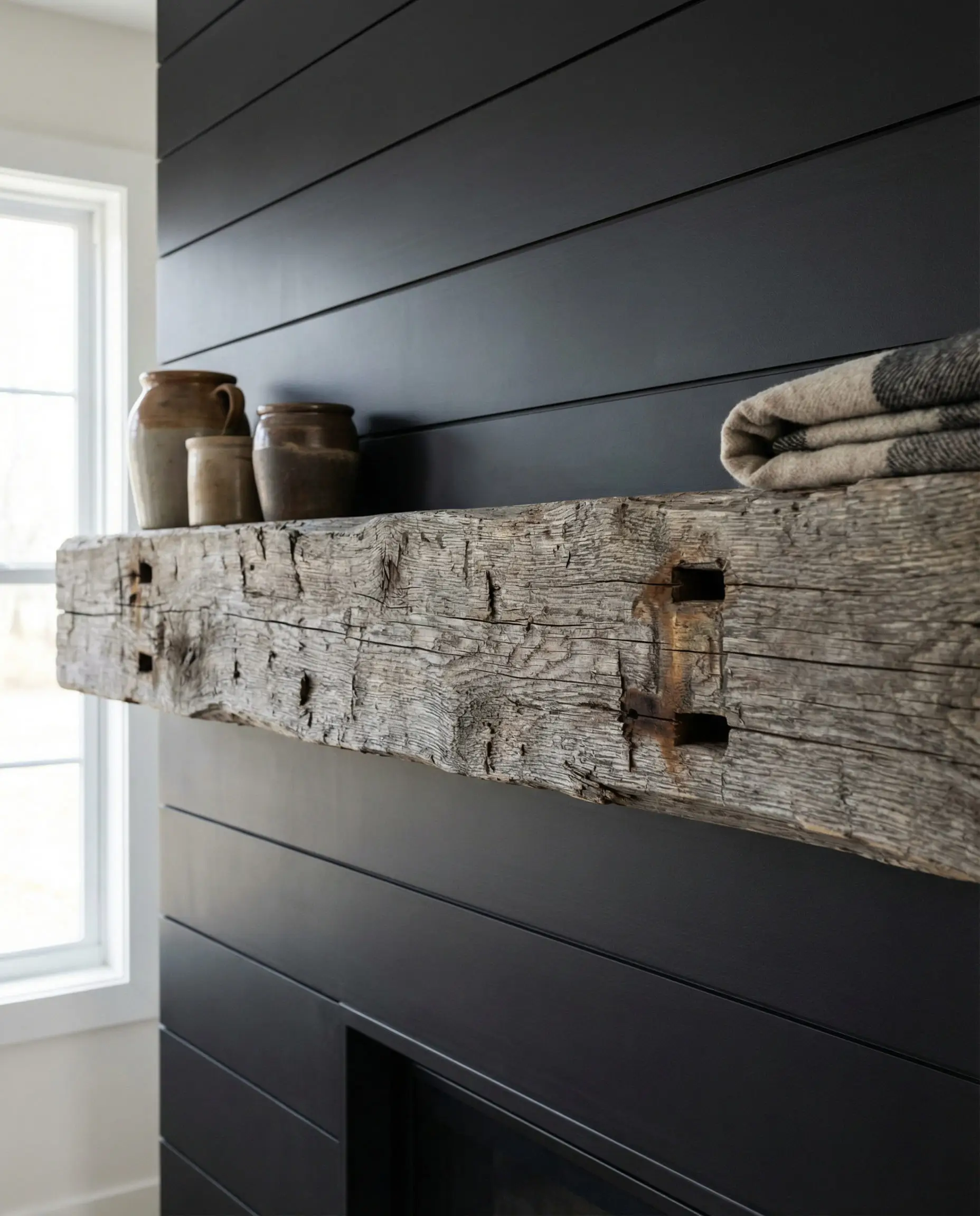 Sleek black shiplap wall contrasting with a rough-hewn antique barn beam mantel.