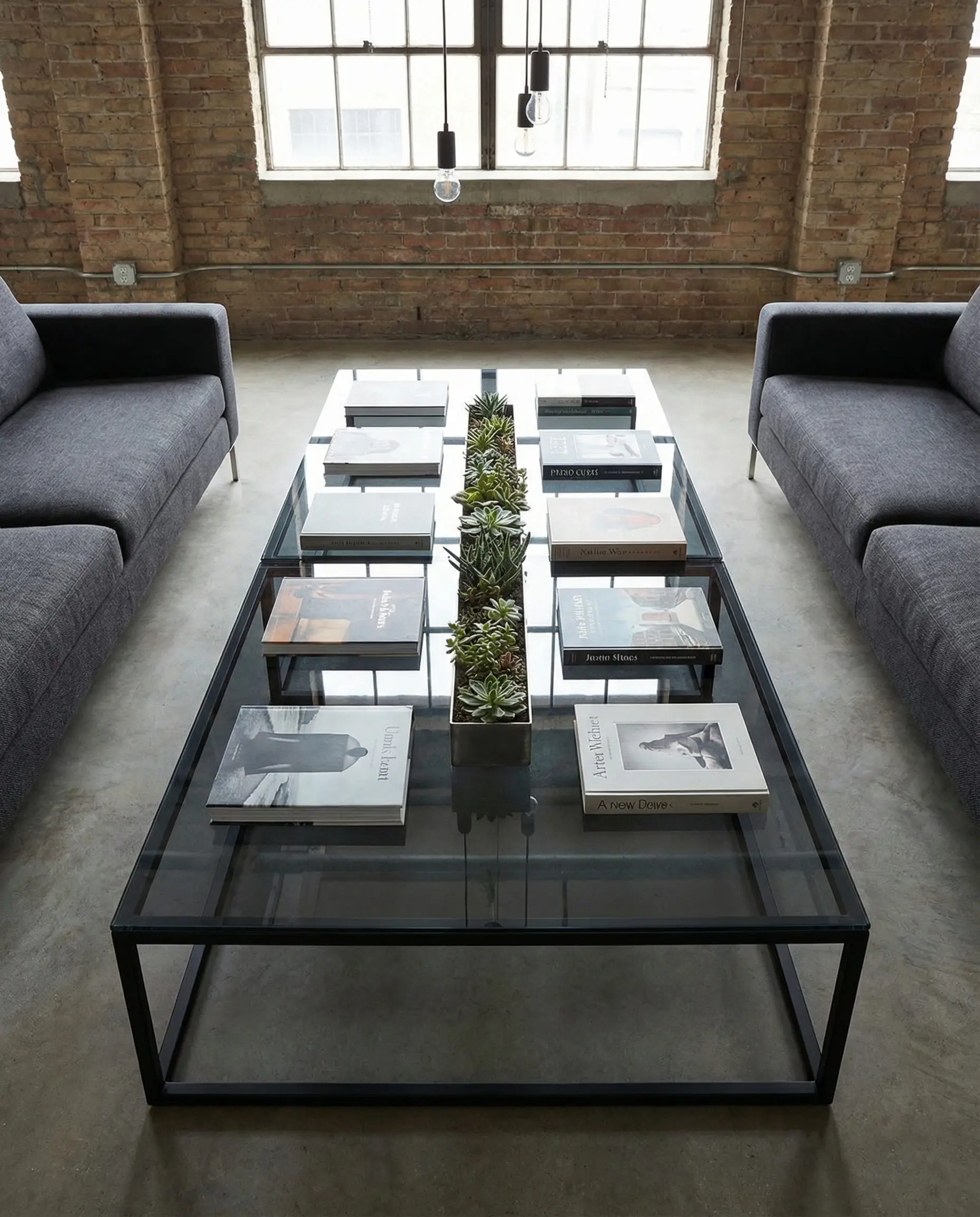Sleek rectangular glass and black metal coffee table positioned perfectly between two long grey parallel sofas.