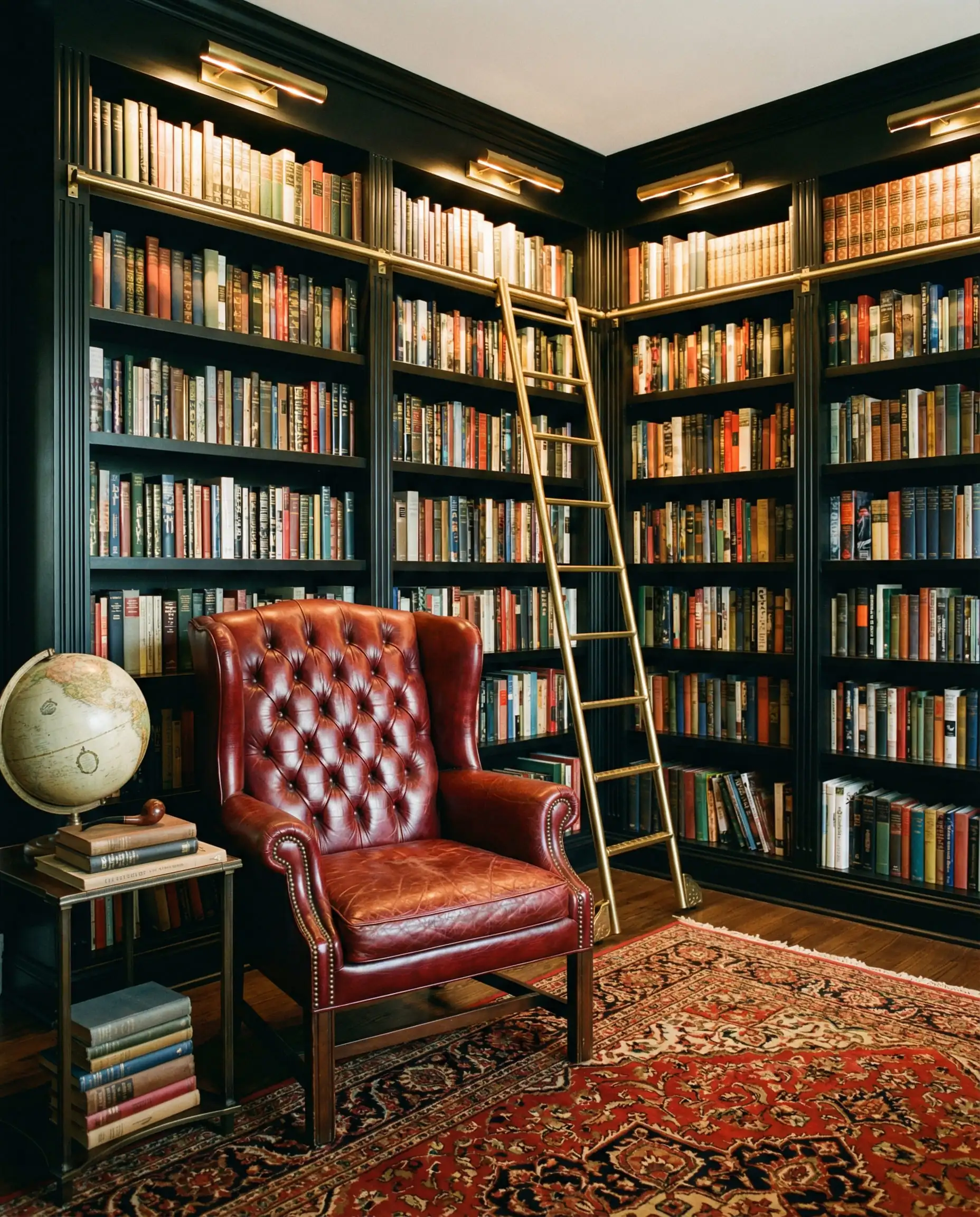 Traditional library with black bookshelves, a red leather wingback chair, and gold picture lights.