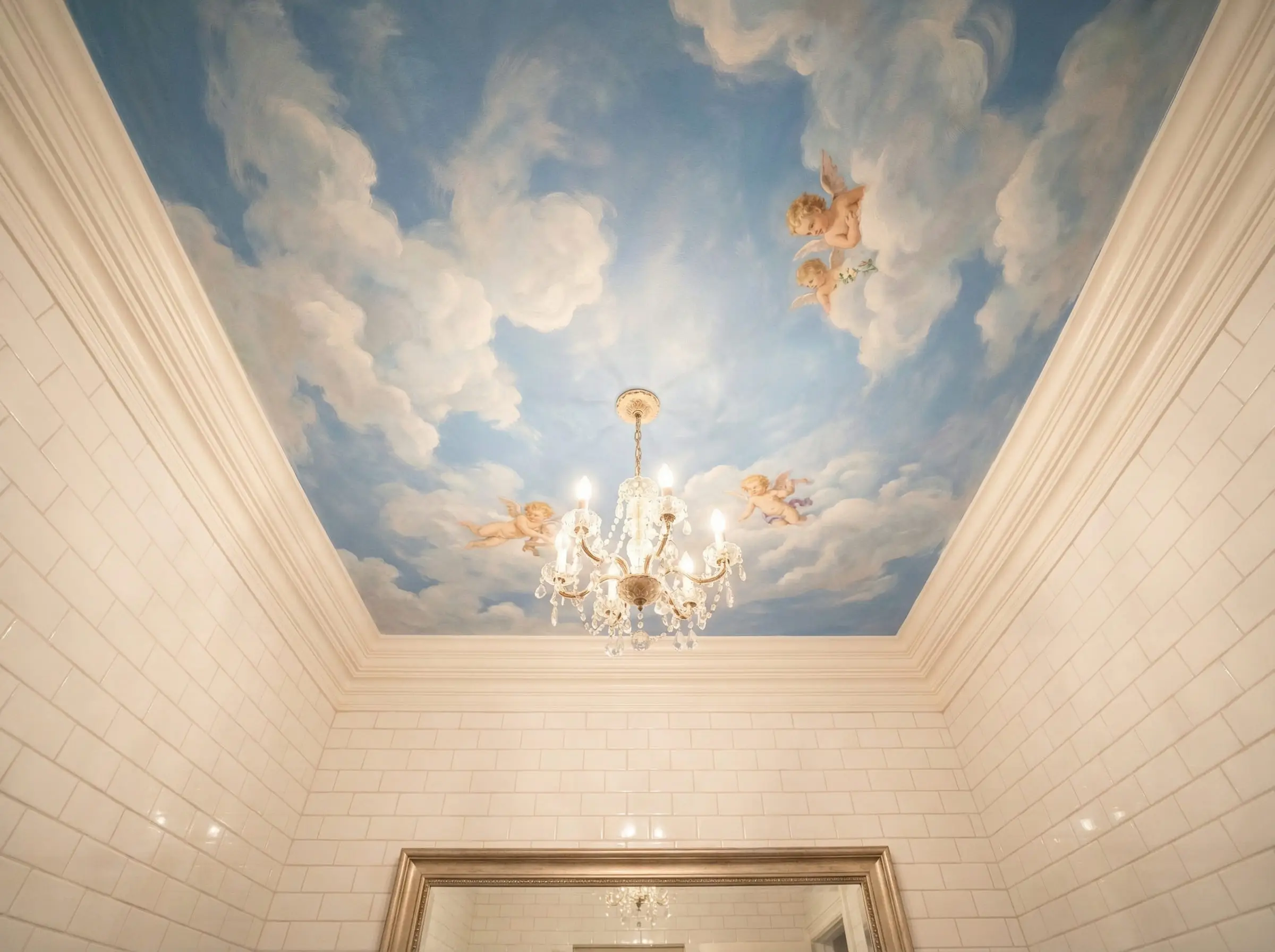 Classical bathroom ceiling painted with a blue sky and cloud mural.