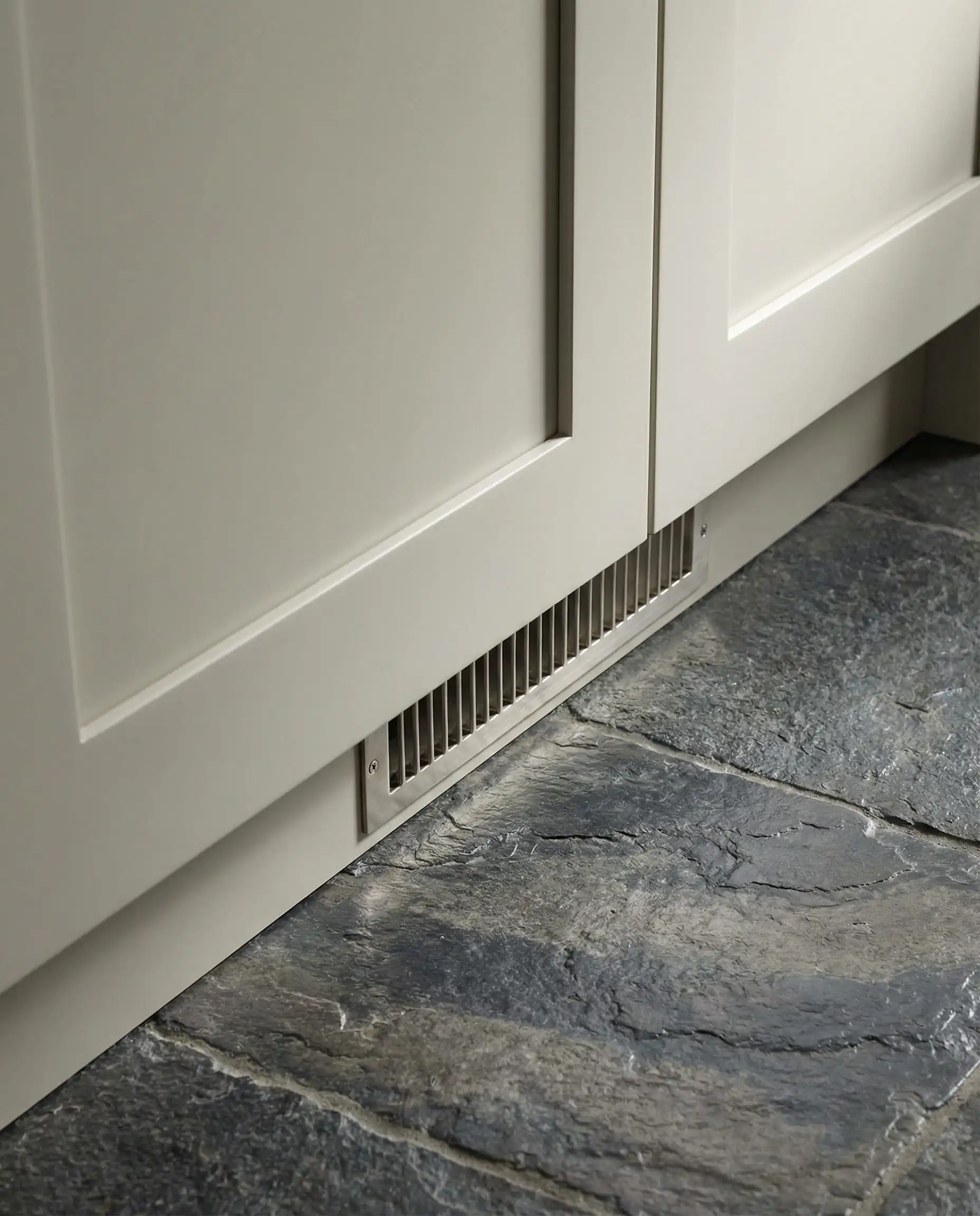 Close-up texture shot of a cabinet door painted in Benjamin Moore Revere Pewter against a dark gray slate floor.