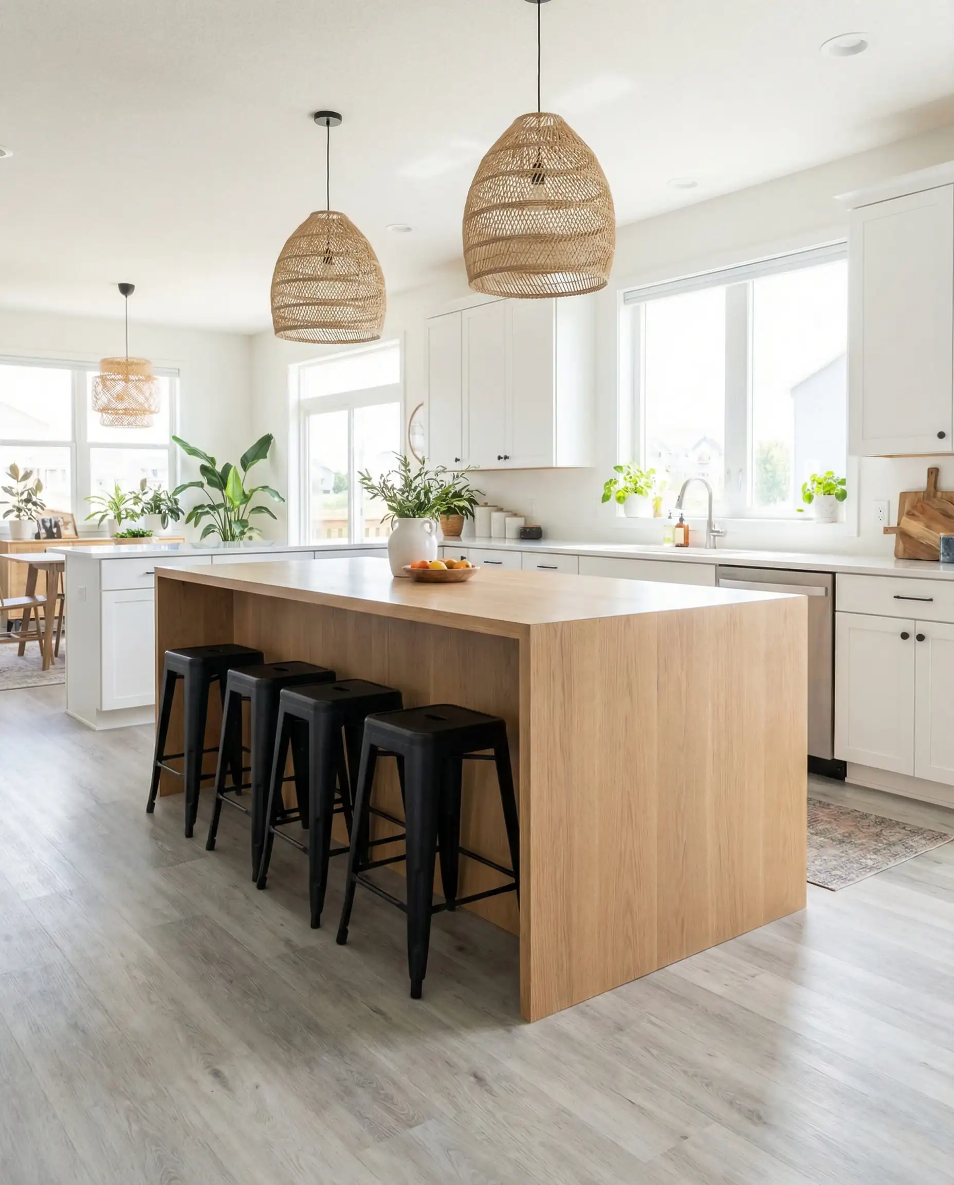 Large rift-sawn white oak kitchen island centered on light gray luxury vinyl plank flooring.