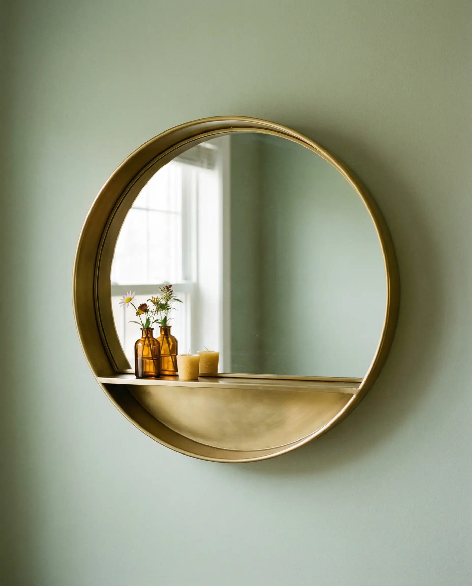 Small dining nook featuring a round wall mirror with a built-in brass shelf holding a candle and vase.