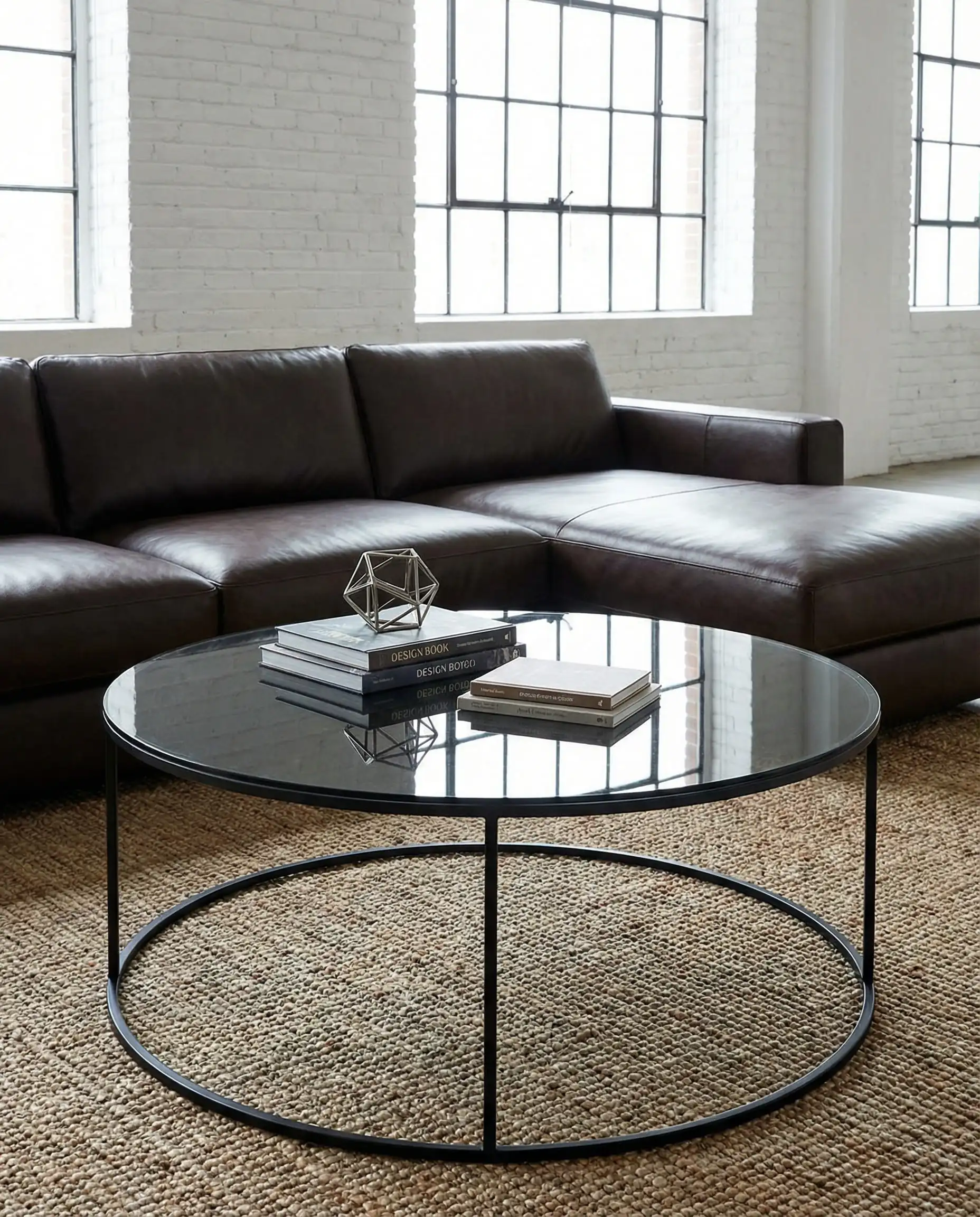 Round smoked grey glass coffee table with black metal legs allowing a textured jute rug to be seen underneath, paired with an espresso leather sectional.