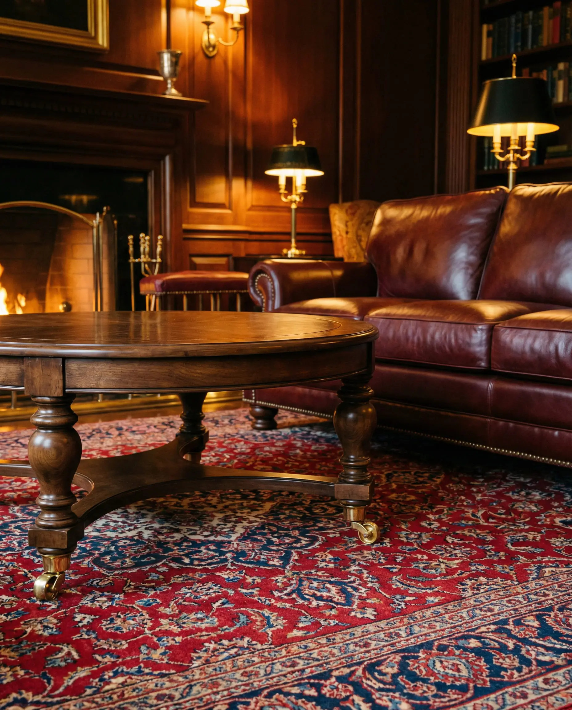 Elegant round walnut coffee table with gold-capped feet styled on a Persian rug with a mahogany brown leather couch.