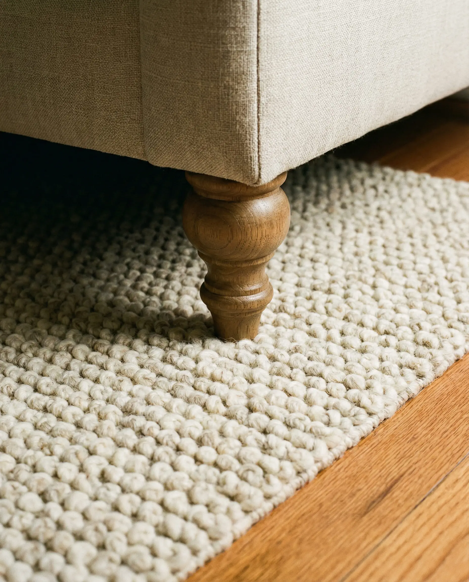 Detail shot at floor level showing the front wooden leg of a sofa sitting 6 inches onto a textured wool rug.
