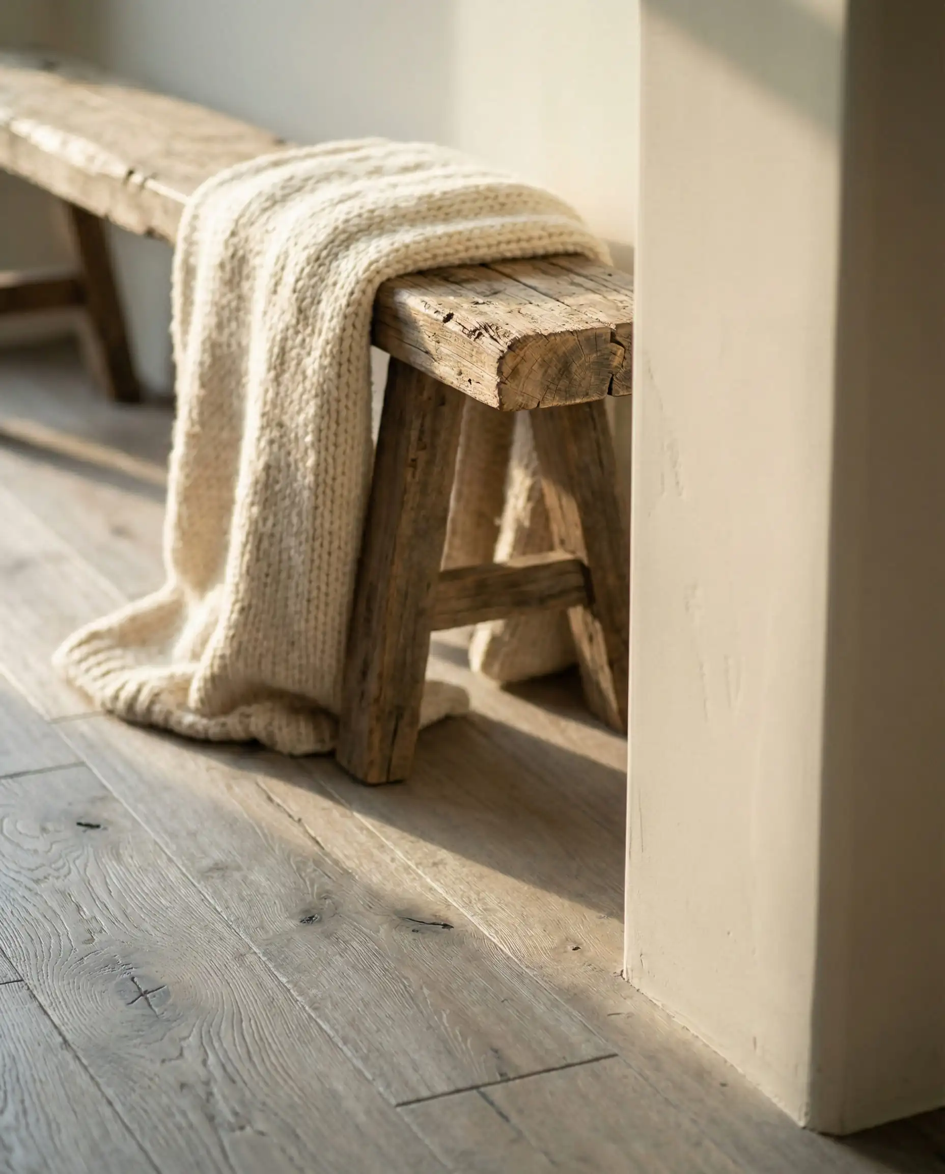 Macro detail of rustic light gray wood floor knots against a matte Shoji White wall with a chunky knit throw blanket.