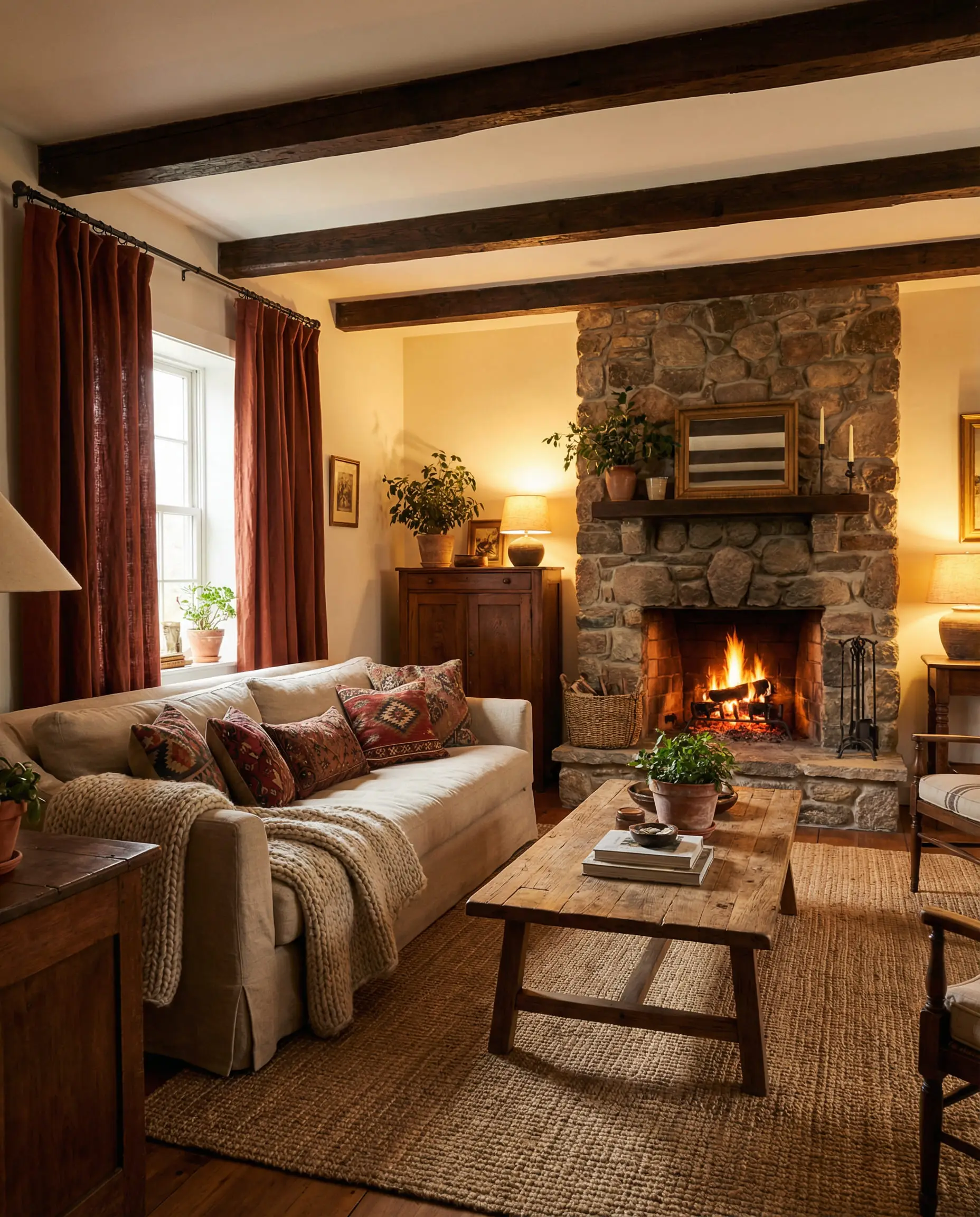 Cozy rustic living room with a stone fireplace, beige sofa, and rust-colored linen curtains.