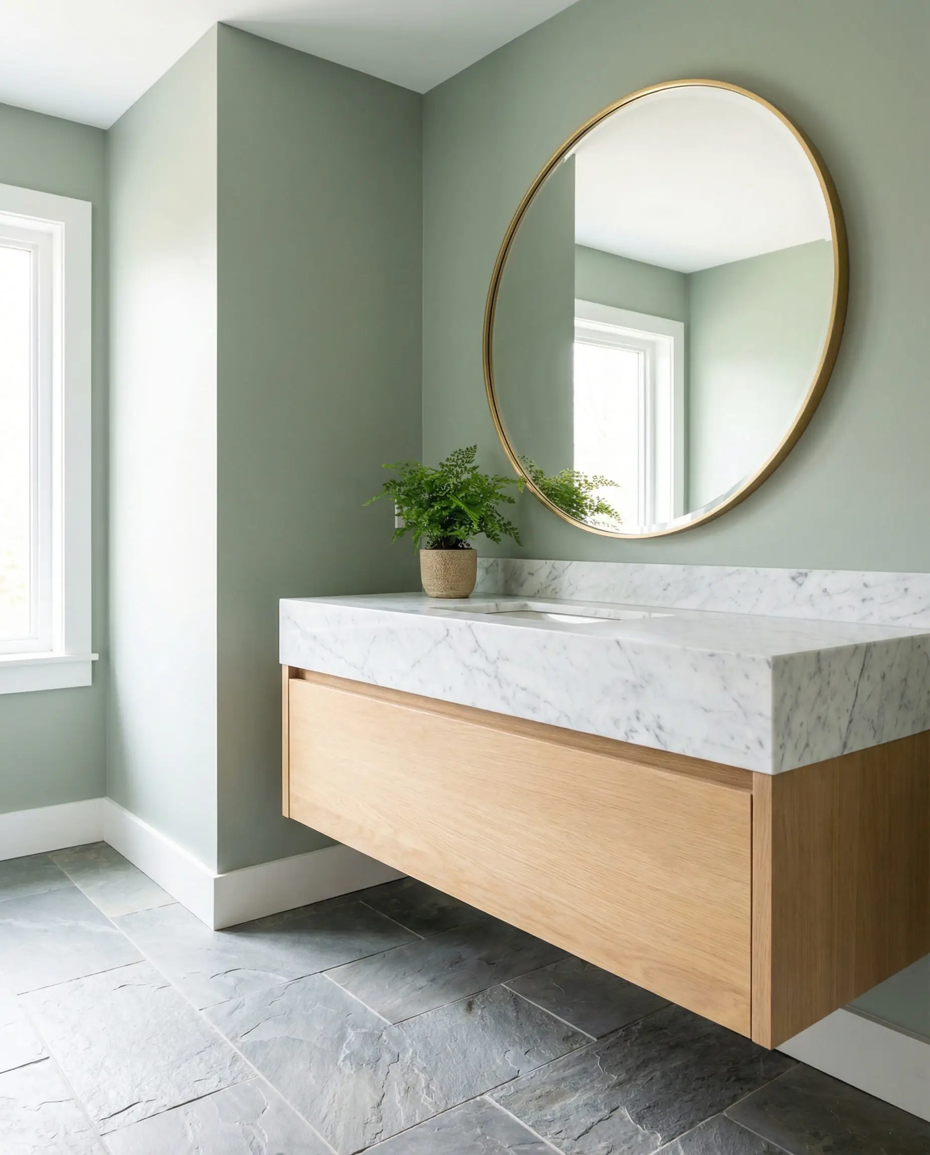 Bright bathroom vanity area with Benjamin Moore October Mist walls, natural gray slate tile floors, and a white oak vanity.
