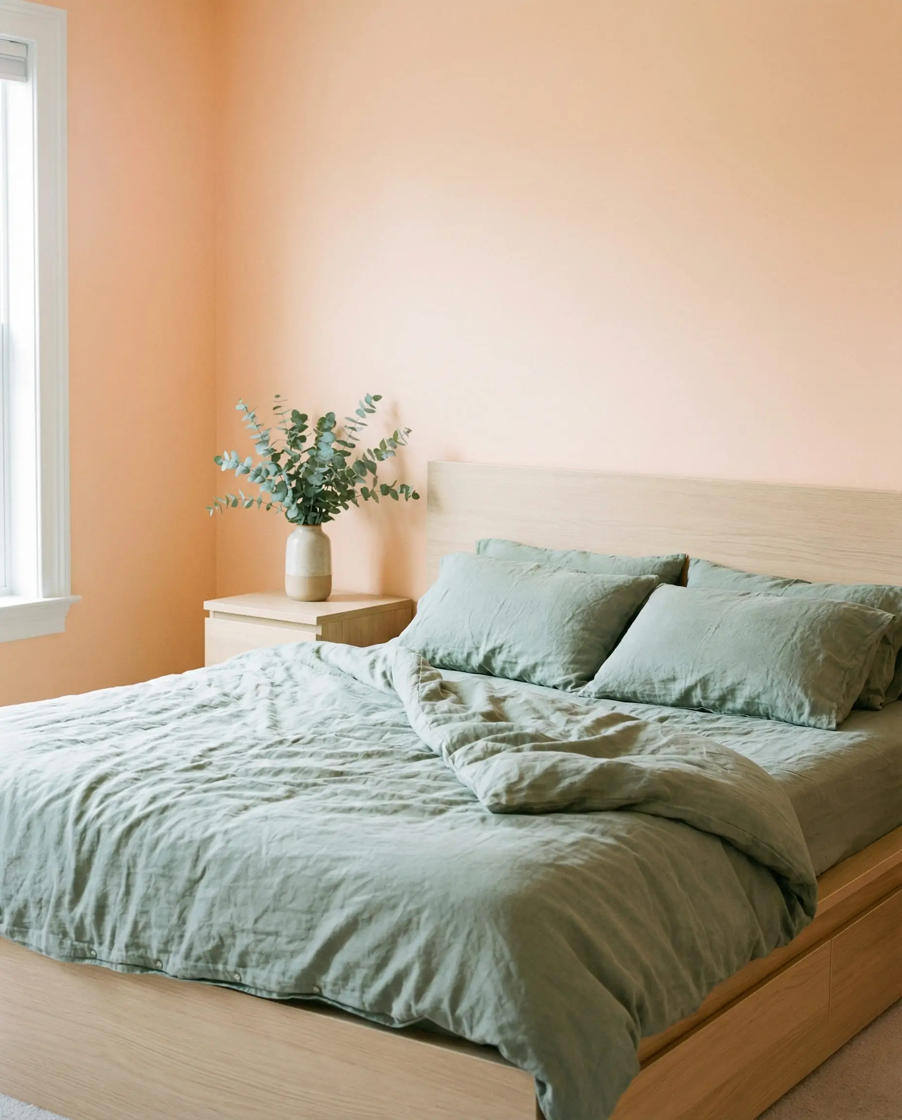 Serene bedroom with soft peach walls and a bed dressed in calming sage green linen bedding with light wood accents.