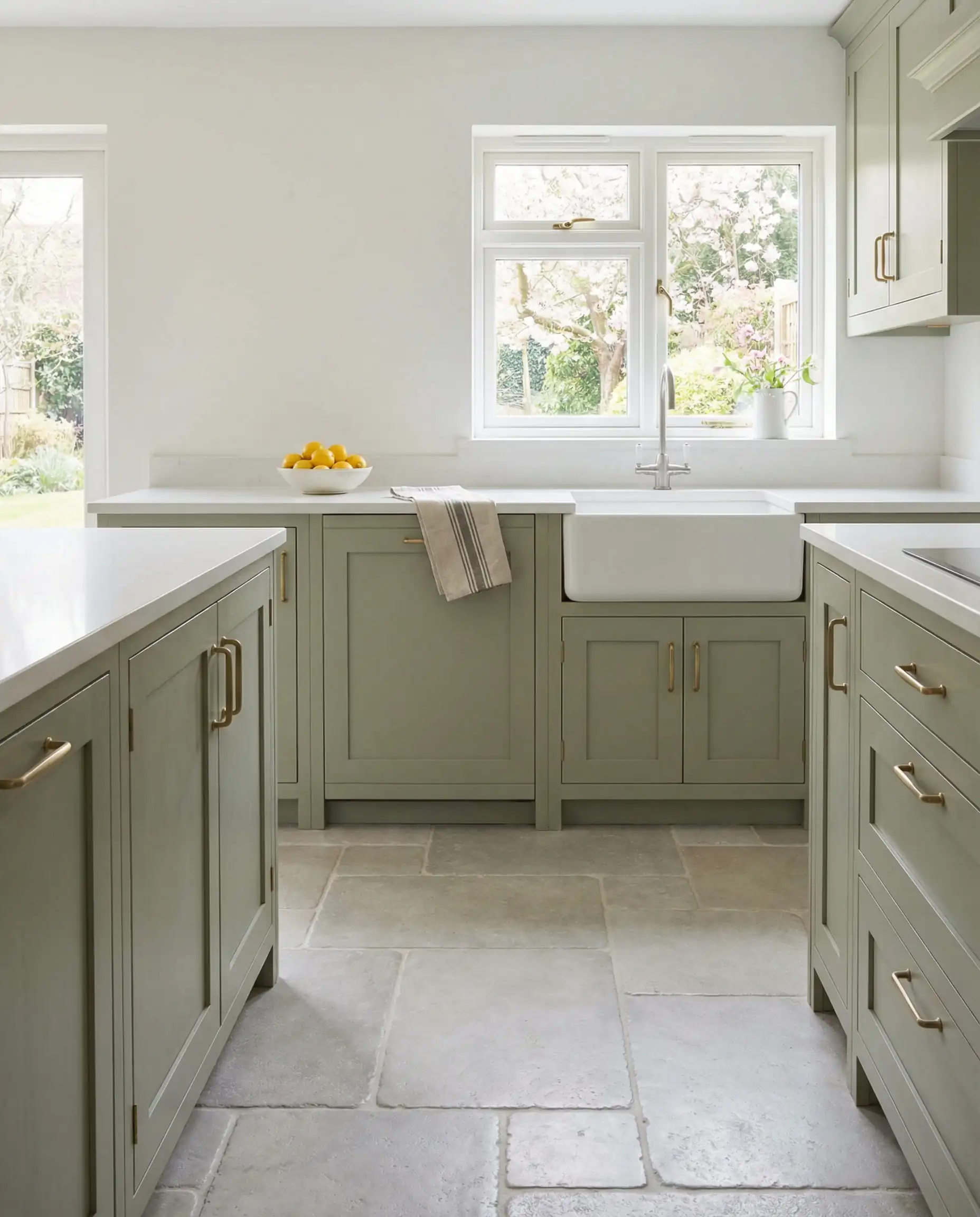 Bright organic modern kitchen with soft sage green cabinets and pale gray limestone flooring.