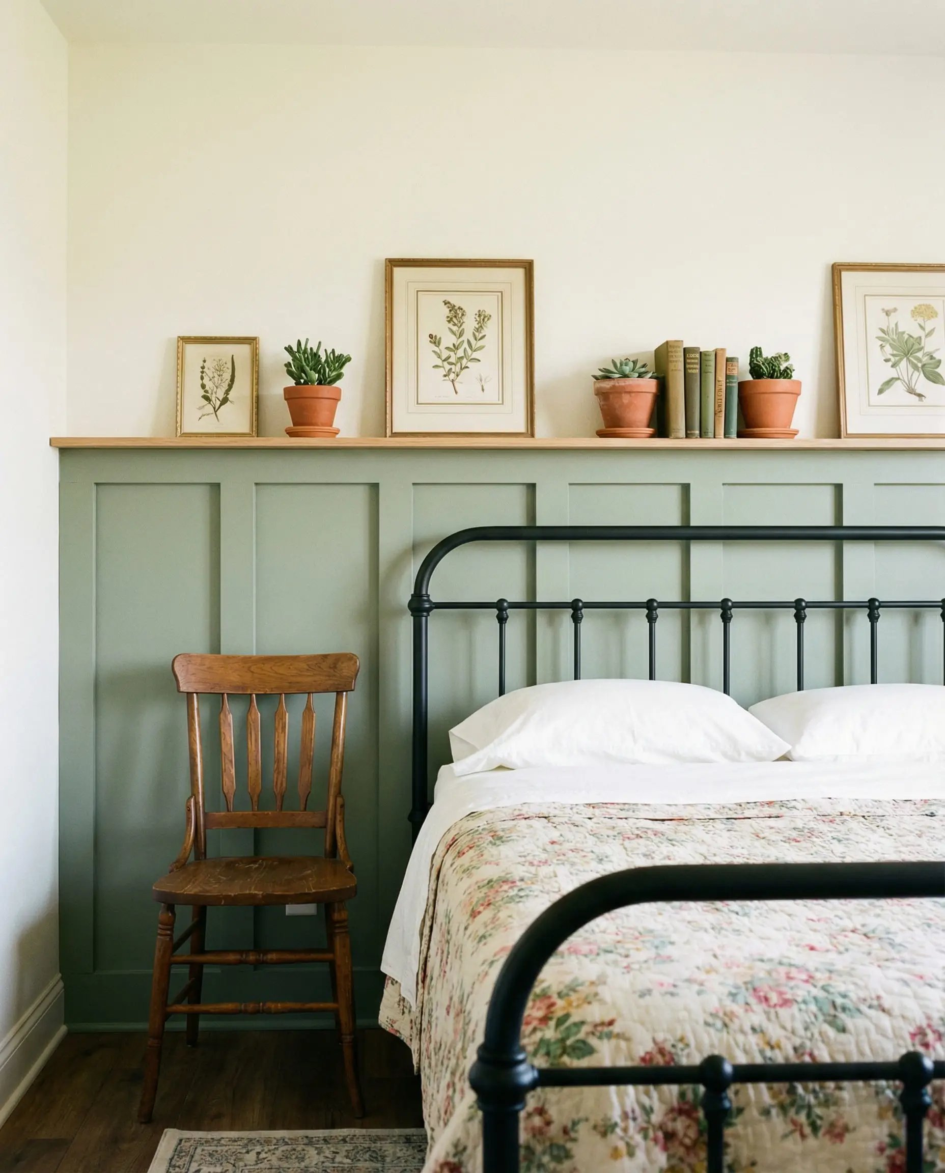 Cottage style guest room with sage green board and batten half-wall with shelf ledge behind the bed.