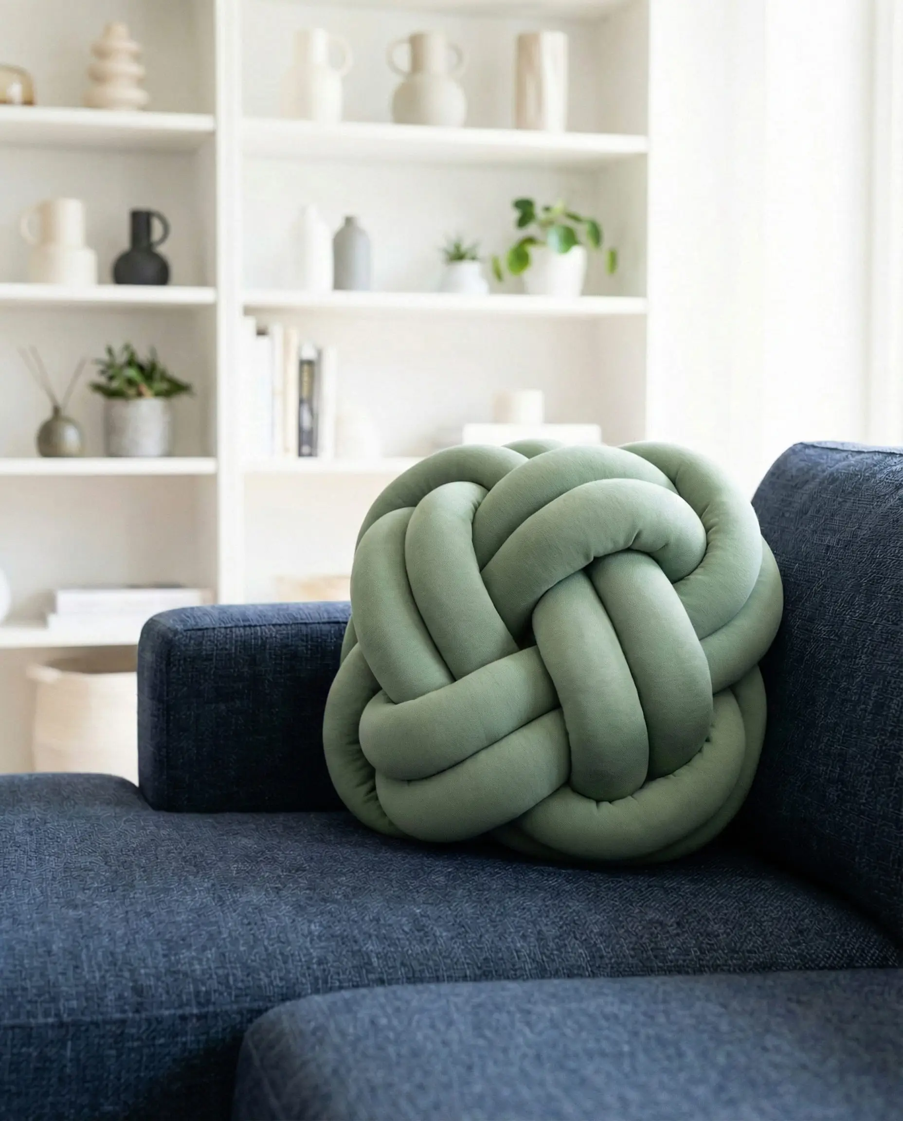 A sage green decorative knot pillow placed on a navy blue sectional sofa for a playful, sculptural touch.
